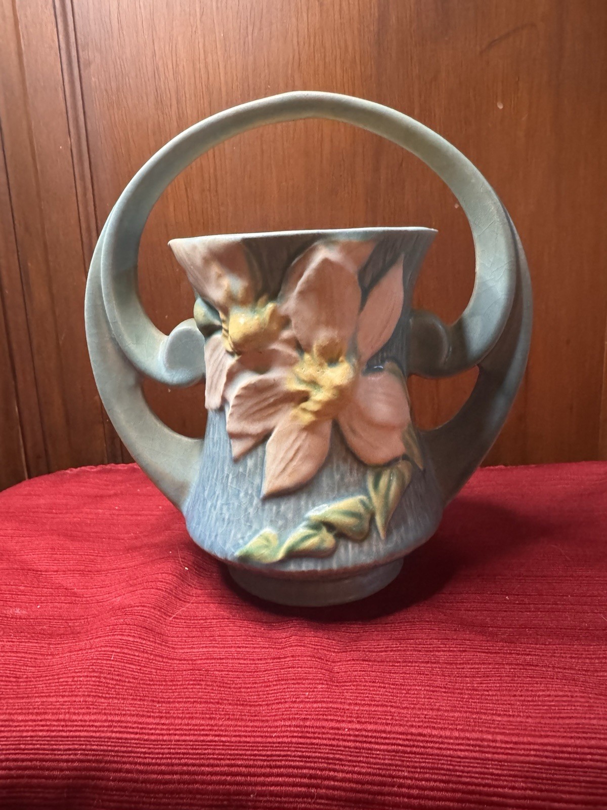 Vintage Roseville Clematis 387-7 Blue Basket Vase Art Pottery 1944 USA