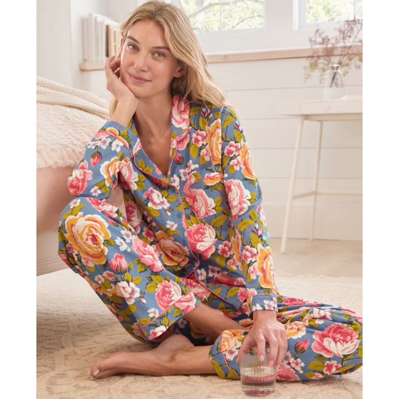 Garnet Hill Organic Cotton Floral Pajama Set 3 Piece Sleepwear Size L