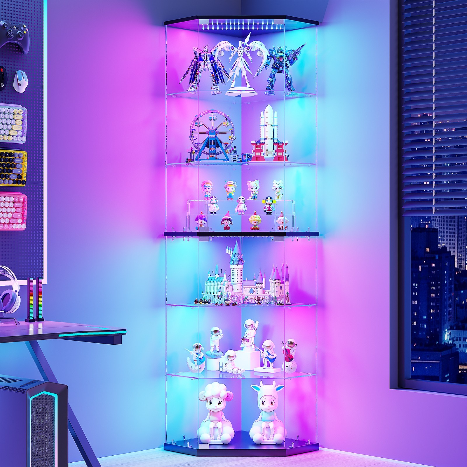 6-Tier Corner Display Cabinet with Glass Doors & RGB Light for Collectibles