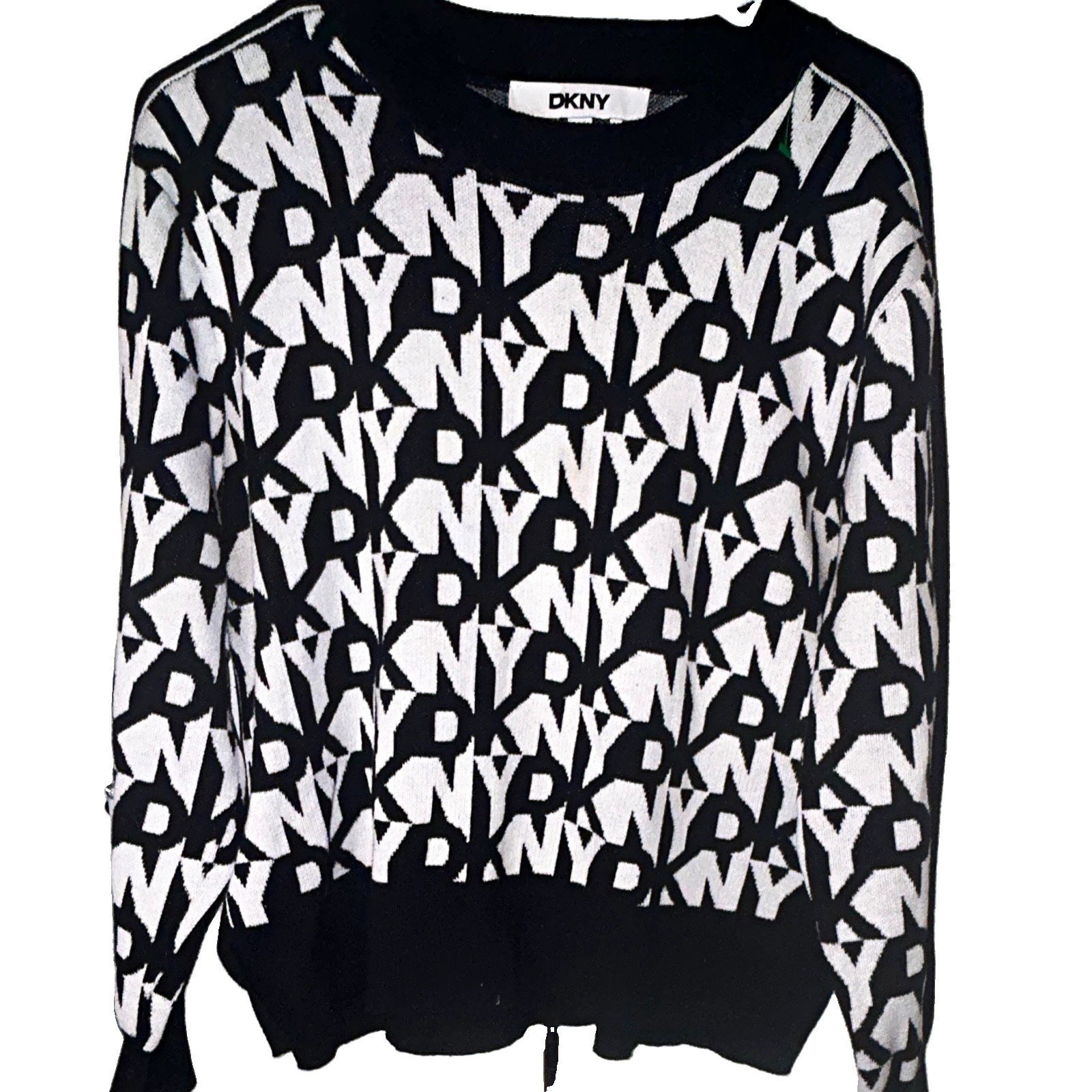 DKNY Women\'s Black/White Logo Knit Crew Neck Long Sleeve Pullover Sweater M