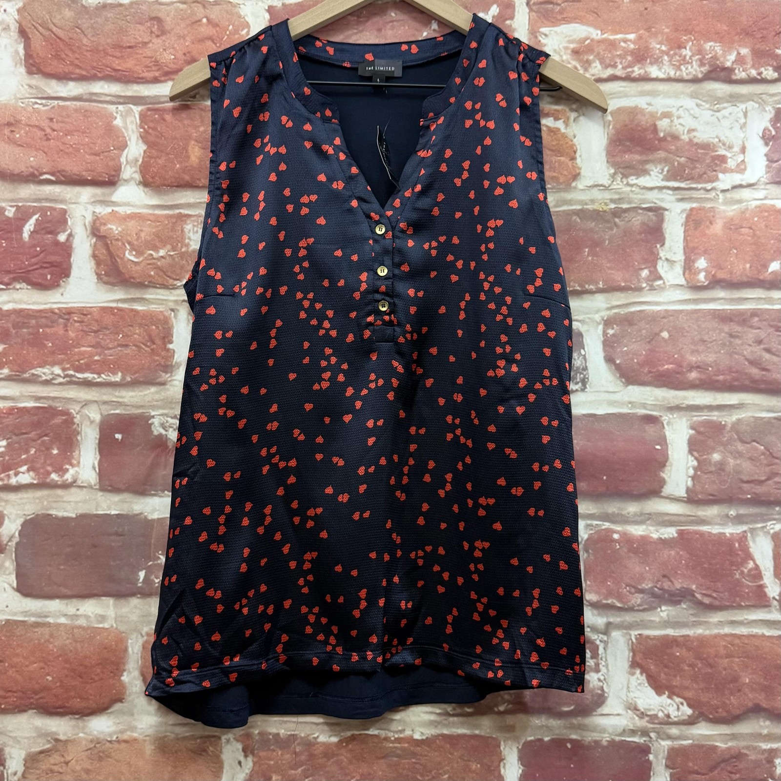 The Limited Top Womens L Blue Red Hearts Satin Mixed Media Stretchy Back Shirt