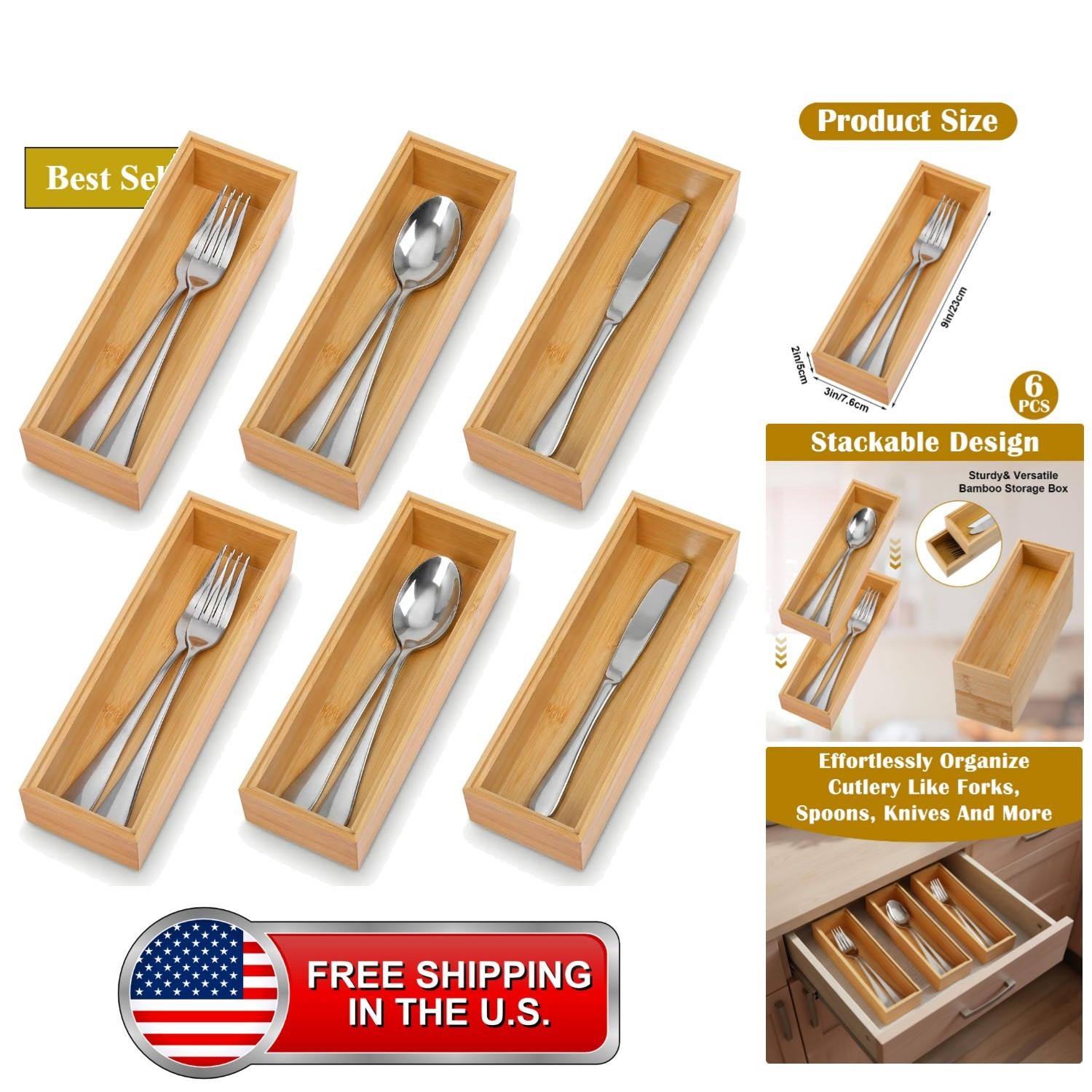 6 Pieces Bamboo Drawer Organizer, Stackable Wooden Storage Boxes for Kitchen ...