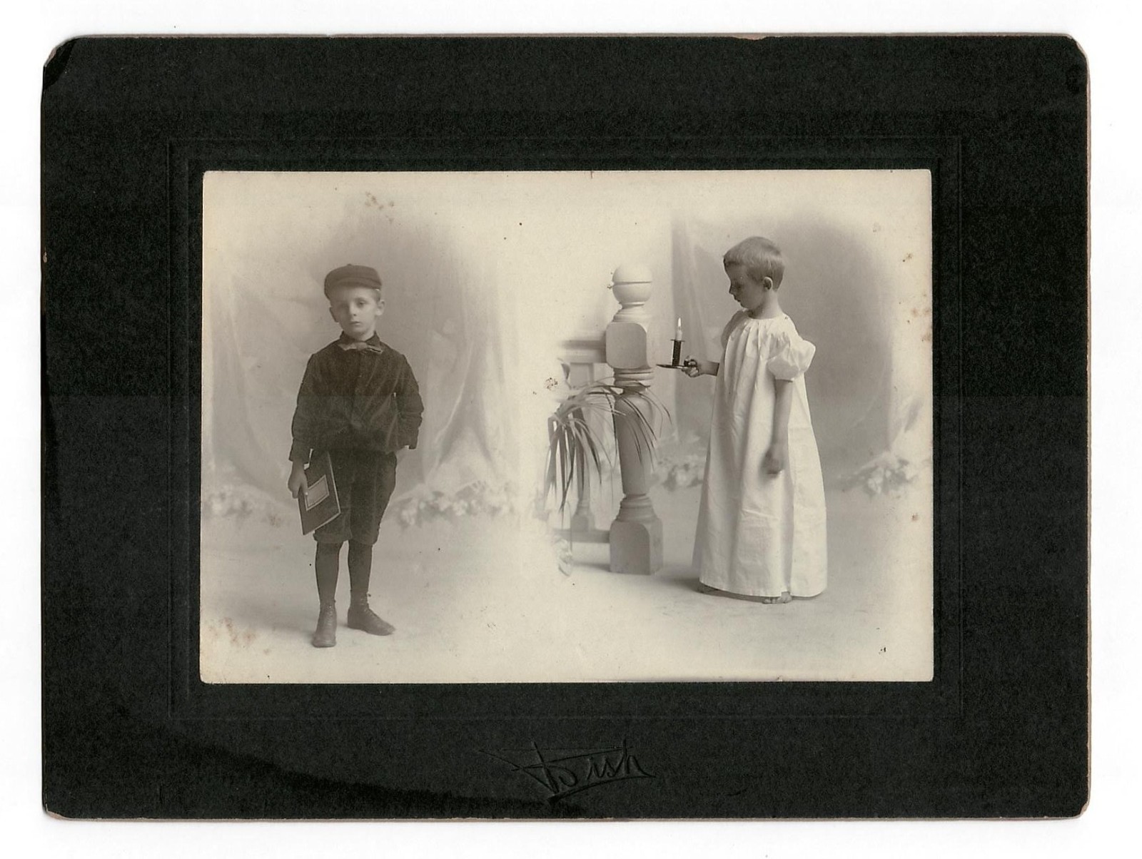 ANTIQUE Rare YOUNG BOY 2 Pose SCHOOL & NIGHT CANDLE Cabinet Card  1900  OOAK #23