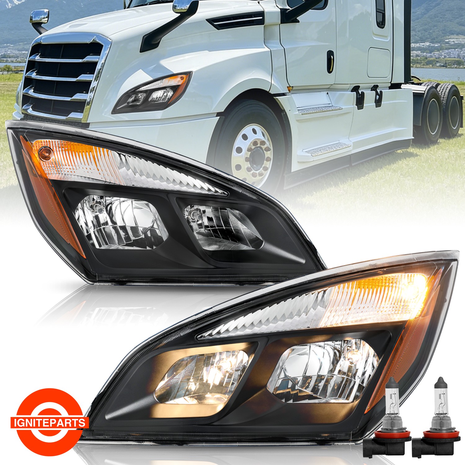 For 2018-2024 Freightliner Cascadia Halogen W/Bulbs Headlight Headlamp LH+RH SET