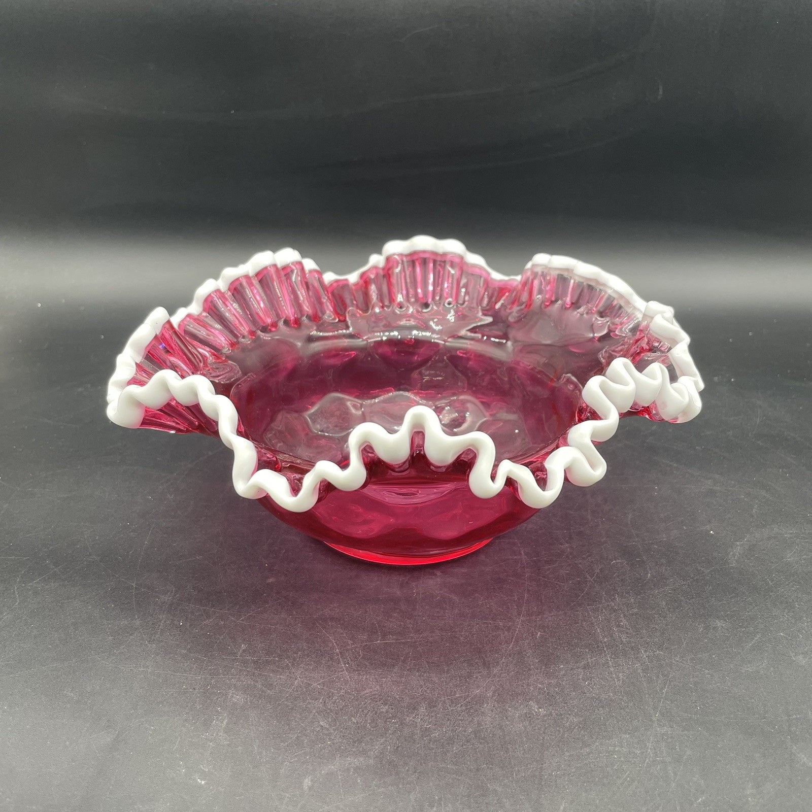 Fenton Pink Cranberry Snow Crest Bowl Ruffled Coin Dot Melon Bowl Pre Logo Fenton Pink Cranberry Snow Crest Bowl Ruffled Coin Dot Melon Bowl Pre Logo
