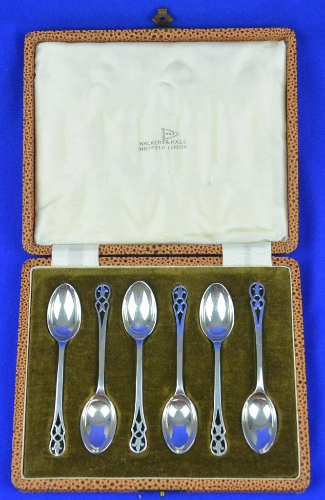 ANTIQUE 1870 WALKER & HALL STERLING SILVER DEMITASSE SPOONS (6) IN CASE - 39.8G
