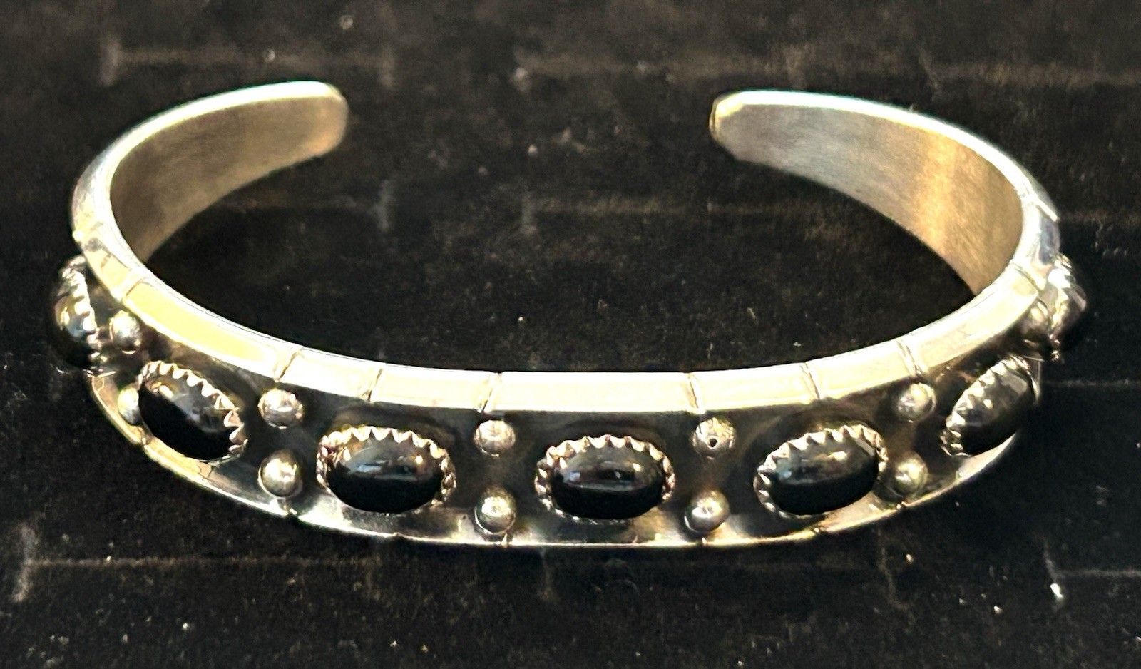 Reed Charley Signed Navajo Handmade Sterling and Black Onyx Cuff - Size 6 3/4”