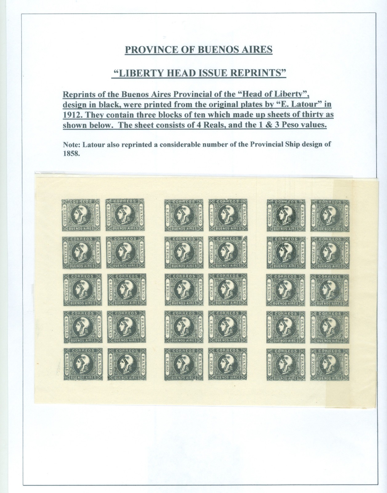 ARGENTINA 1859 Buenos Aires Liberty Head 4r, 1p, 2p E. LATOUR 1912 REPRINT sheet ARGENTINA 1859 Buenos Aires Liberty Head 4r, 1p, 2p E. LATOUR 1912 REPRINT sheet
