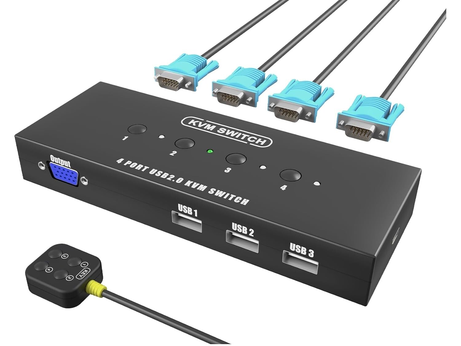 KVM Switch VGA 4 Port for 4 PCs – USB 2.0, Driver-Free, with Cables & Controller KVM Switch VGA 4 Port for 4 PCs – USB 2.0, Driver-Free, with Cables & Controller