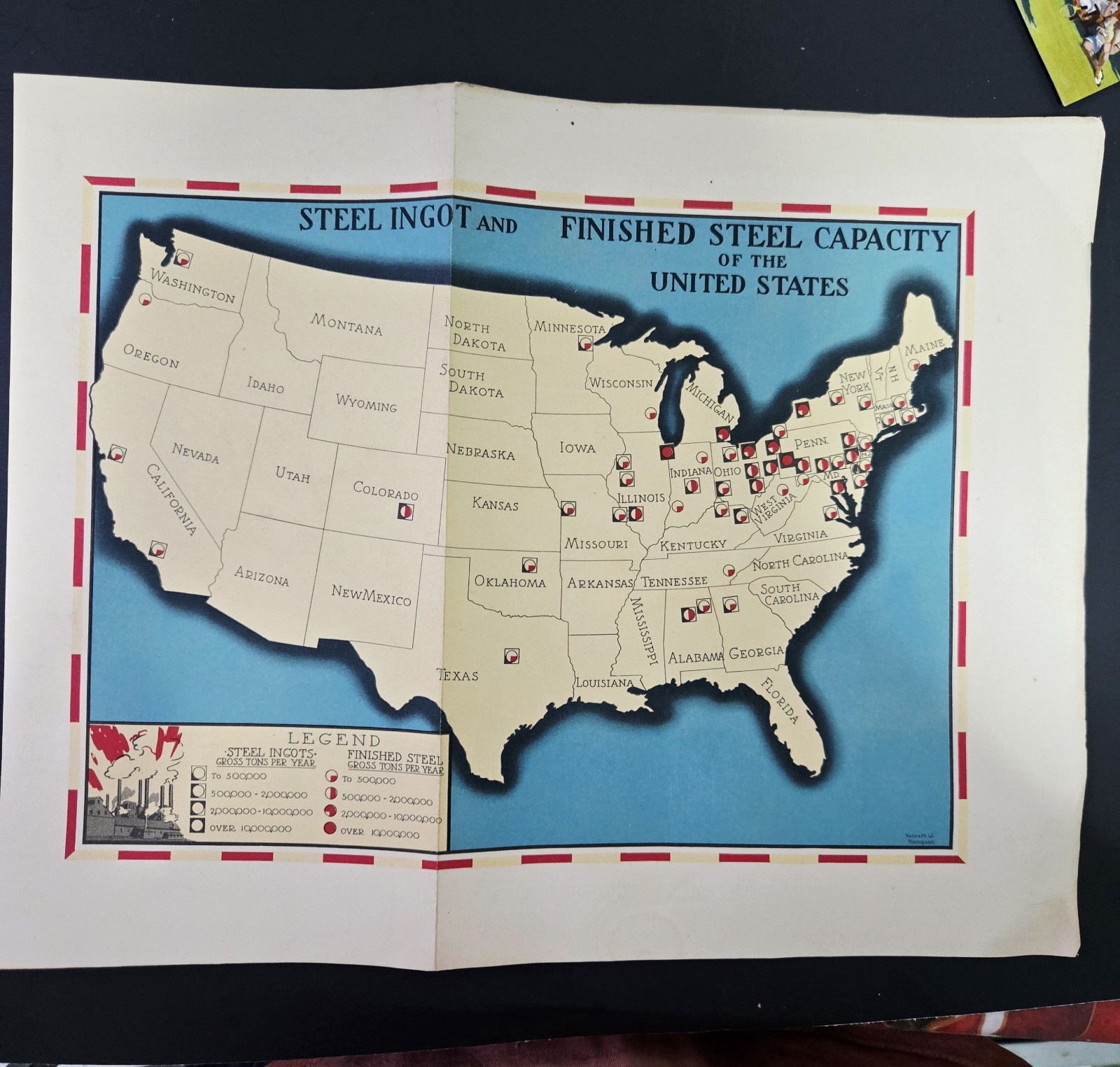 VINTAGE 1937 AMERICAN IRON AND STEEL INSTITUTE PIG IRON CAPACITY US MAP VINTAGE 1937 AMERICAN IRON AND STEEL INSTITUTE PIG IRON CAPACITY US MAP
