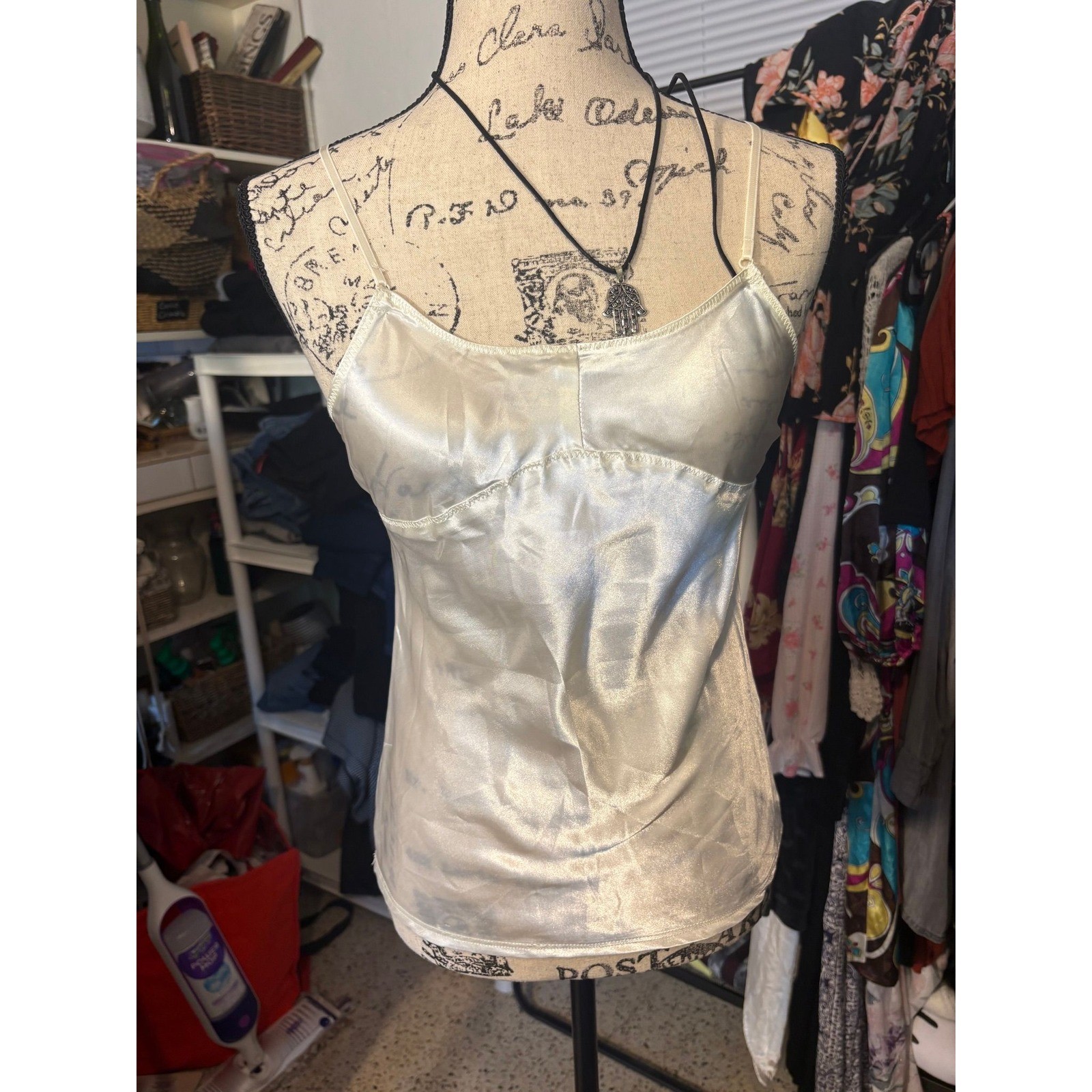 Guess Premium Vintage Satin Cami Pearl White Spaghetti Strap Tank Top XS S