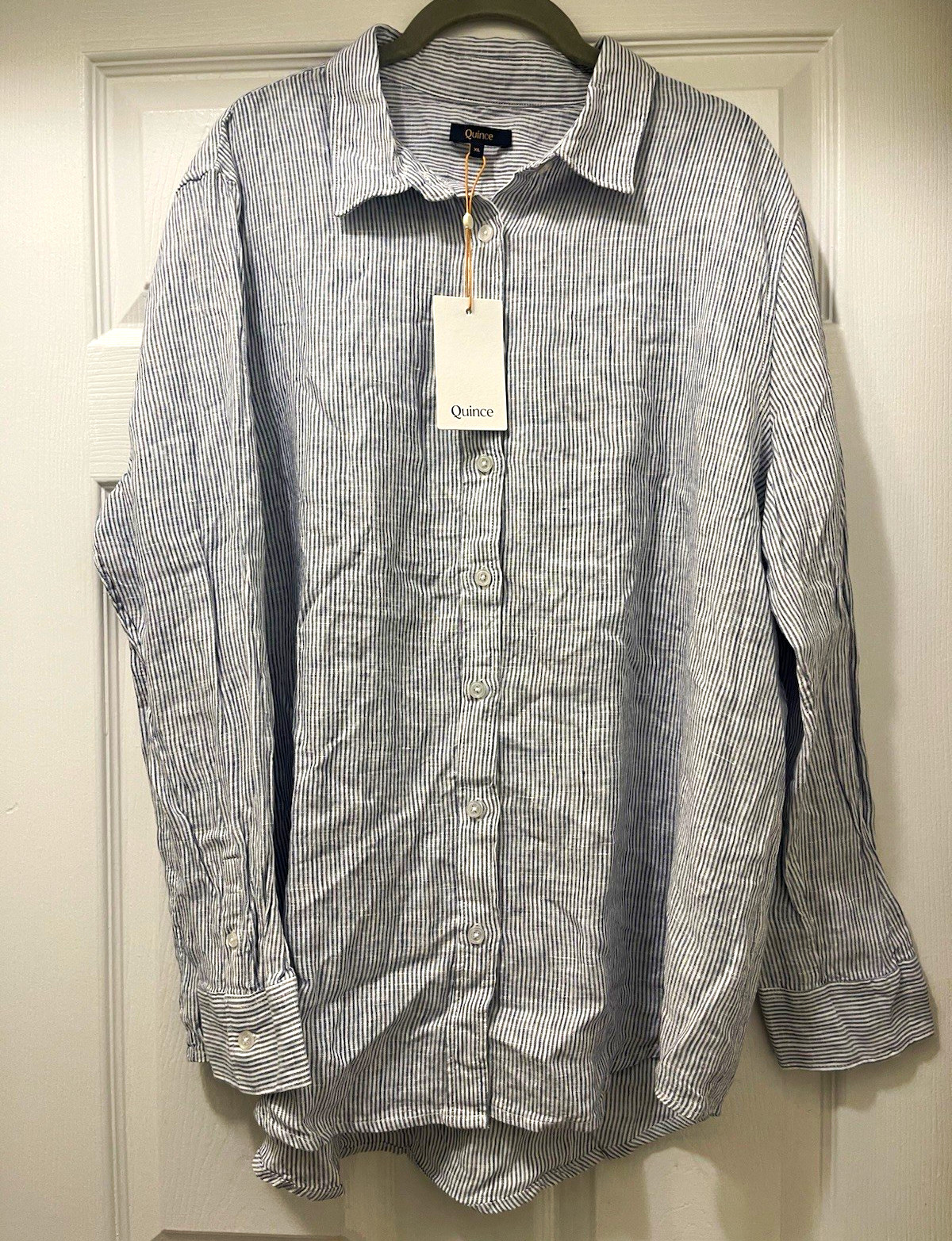 Quince Women’s Linen Striped Button-Down Shirt Blue/White Long Sleeve Point XL Quince Women’s Linen Striped Button-Down Shirt Blue/White Long Sleeve Point XL