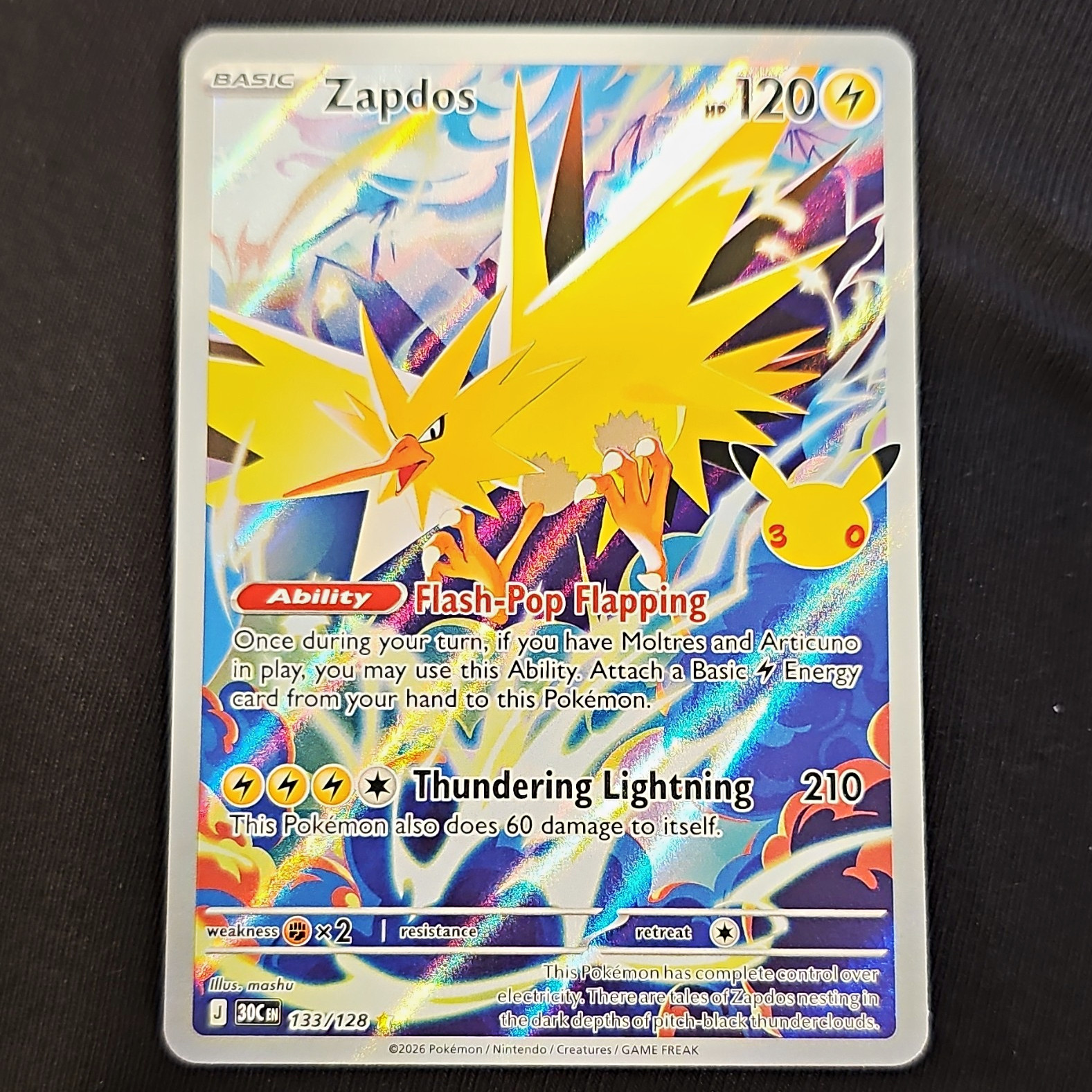 Zapdos 133/128 30th Celebration English Holo Full Art IR 120 HP