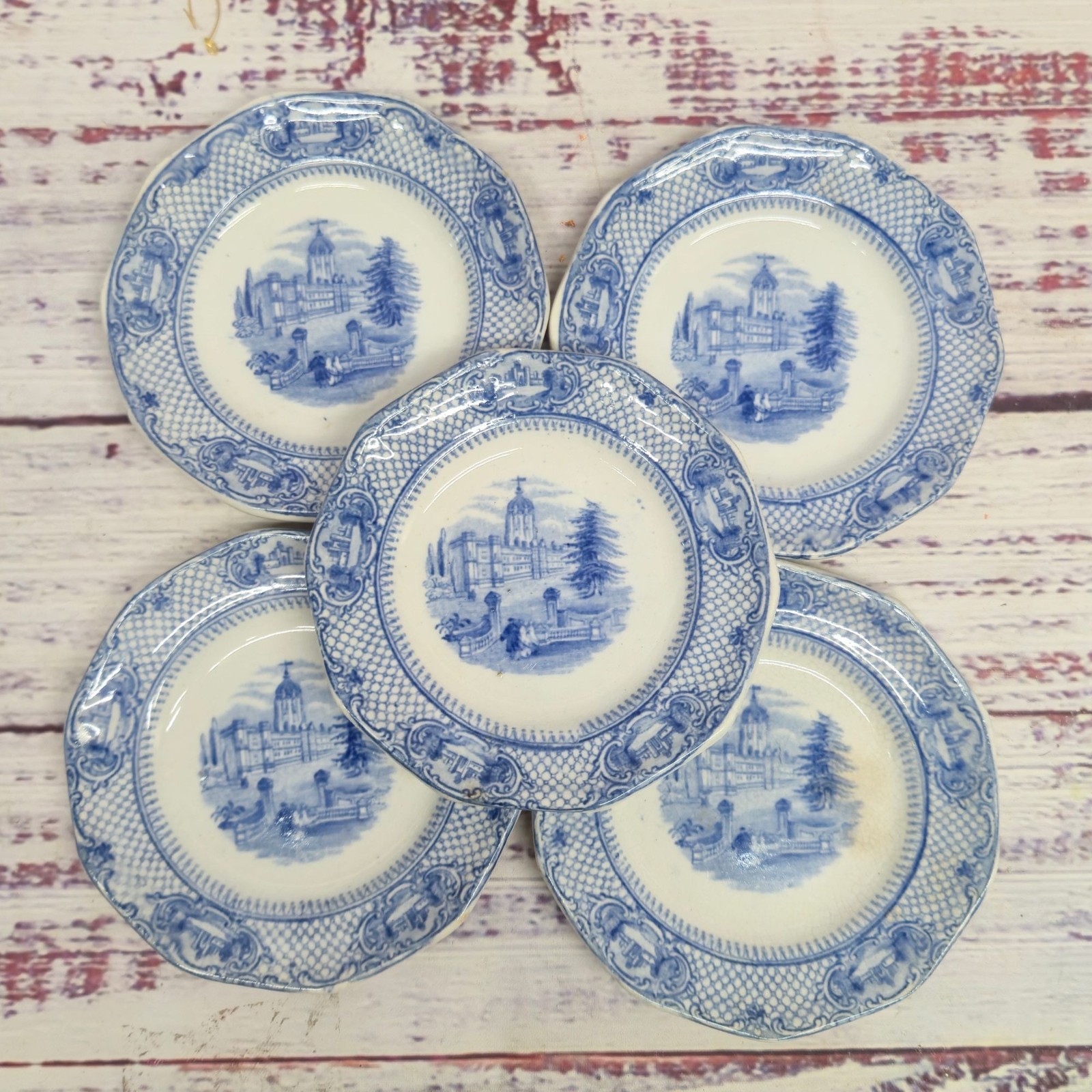 Antique John Ridgway University Blue & White Transferware saucer Plates Set x5 Antique John Ridgway University Blue & White Transferware saucer Plates Set x5