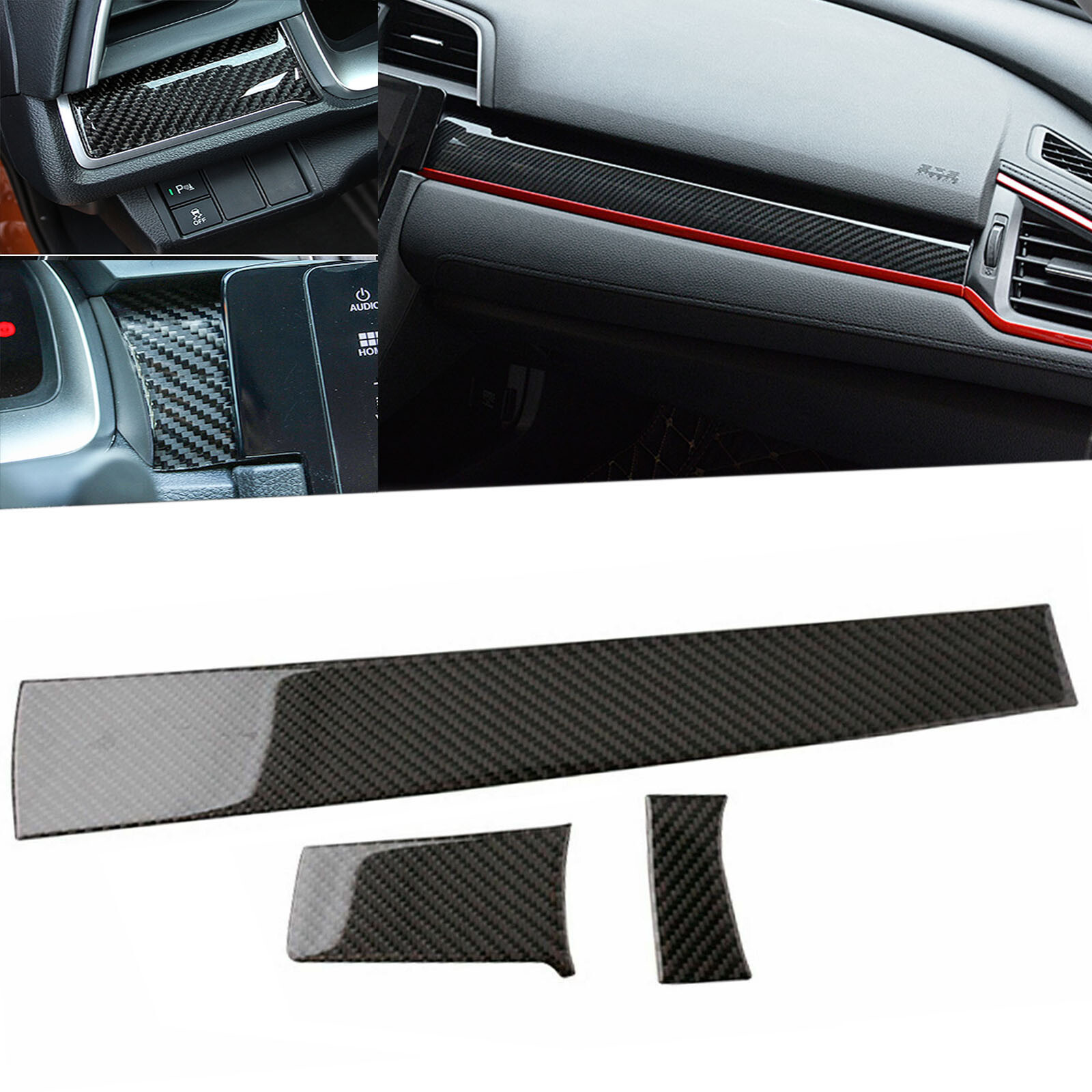 3Pcs Real Carbon Fiber Dashboard Console Panel Decal Trim Fit Honda Civic 16-21 3Pcs Real Carbon Fiber Dashboard Console Panel Decal Trim Fit Honda Civic 16-21