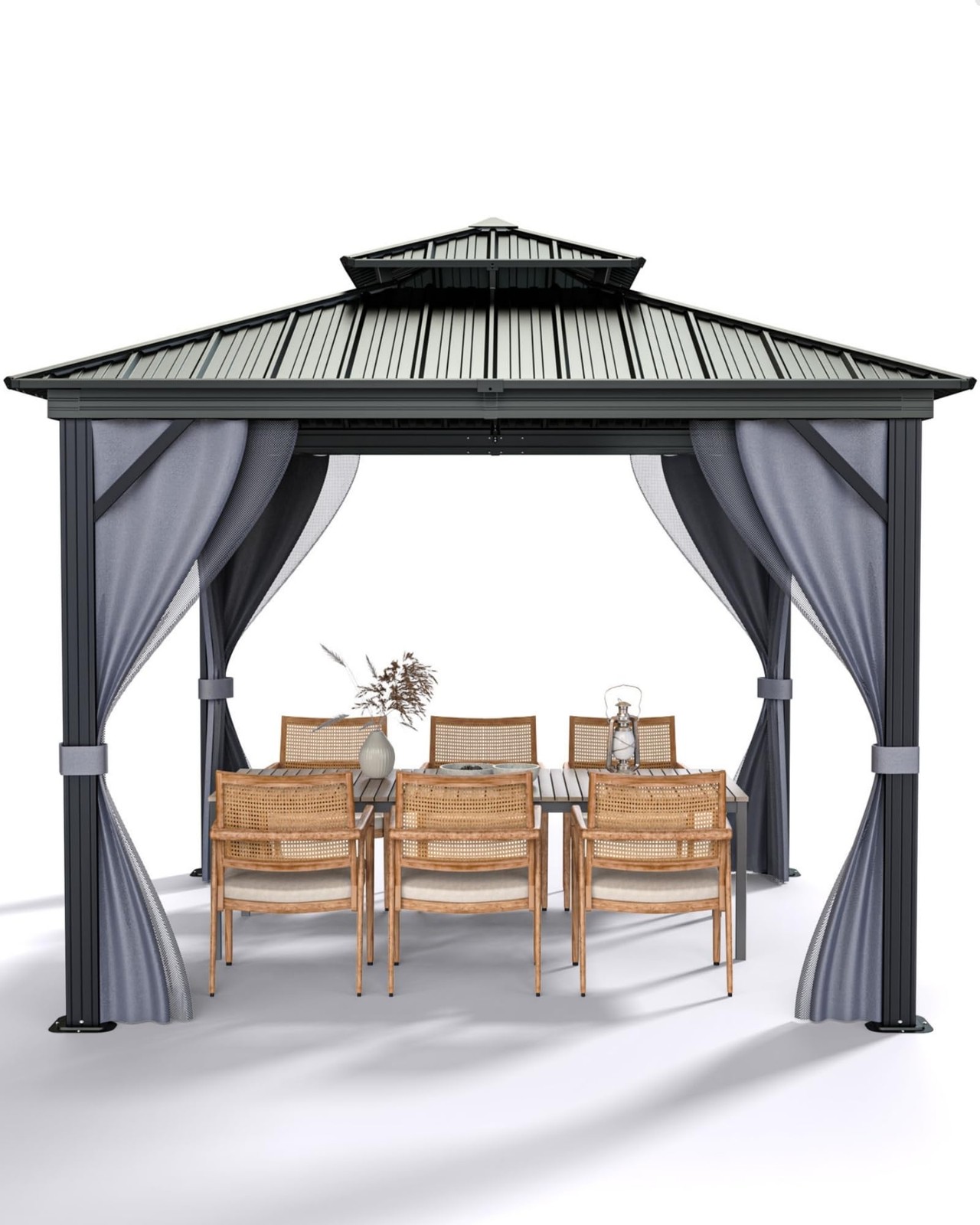 Garvee 10x10 Hardtop Gazebo Aluminum Alloy Double Roof Curtains for Patio Gray