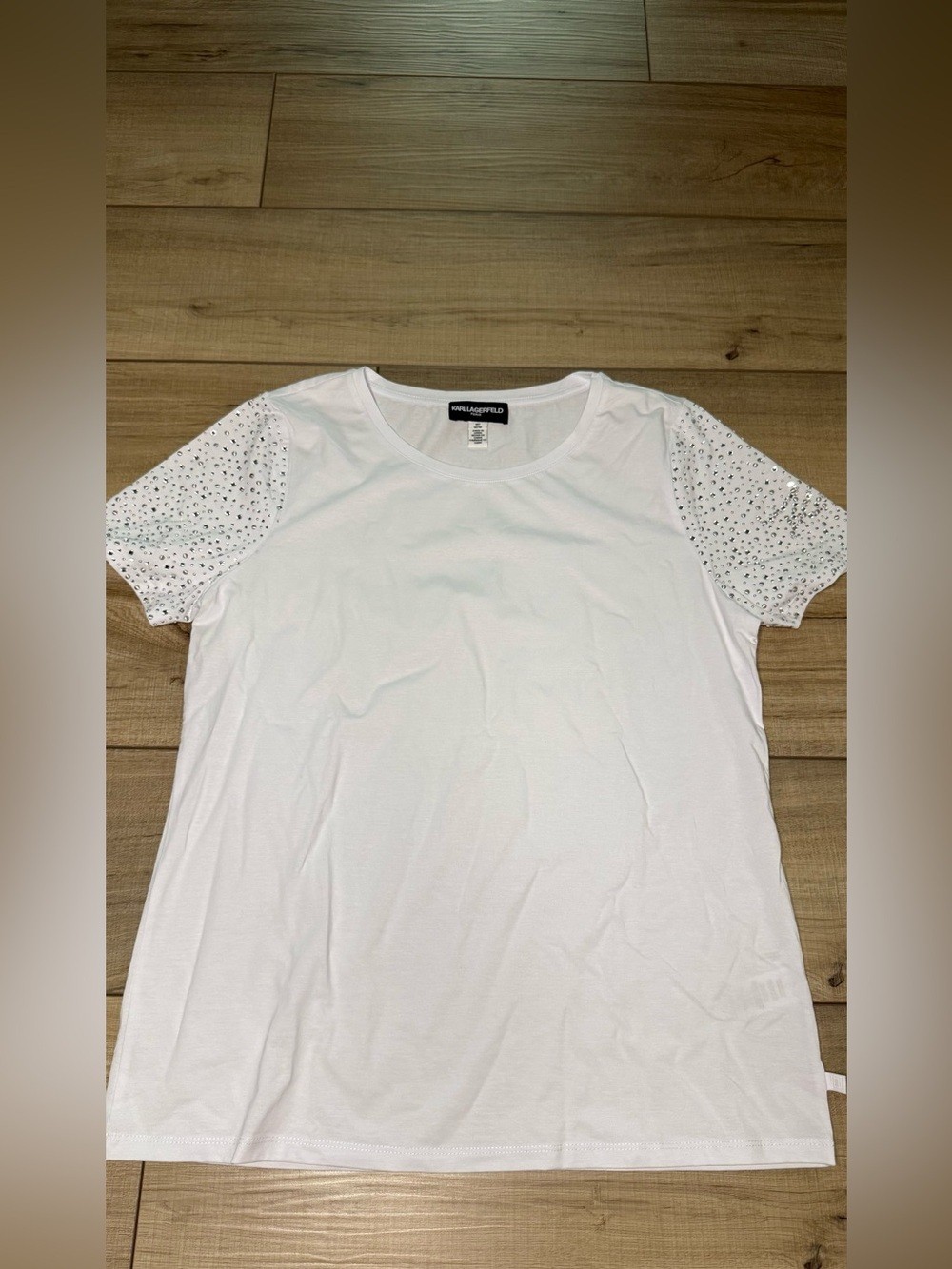 Karl Lagerfeld Paris White Rhinestone Crystal Sleeve Shirt M Karl Lagerfeld Paris White Rhinestone Crystal Sleeve Shirt M