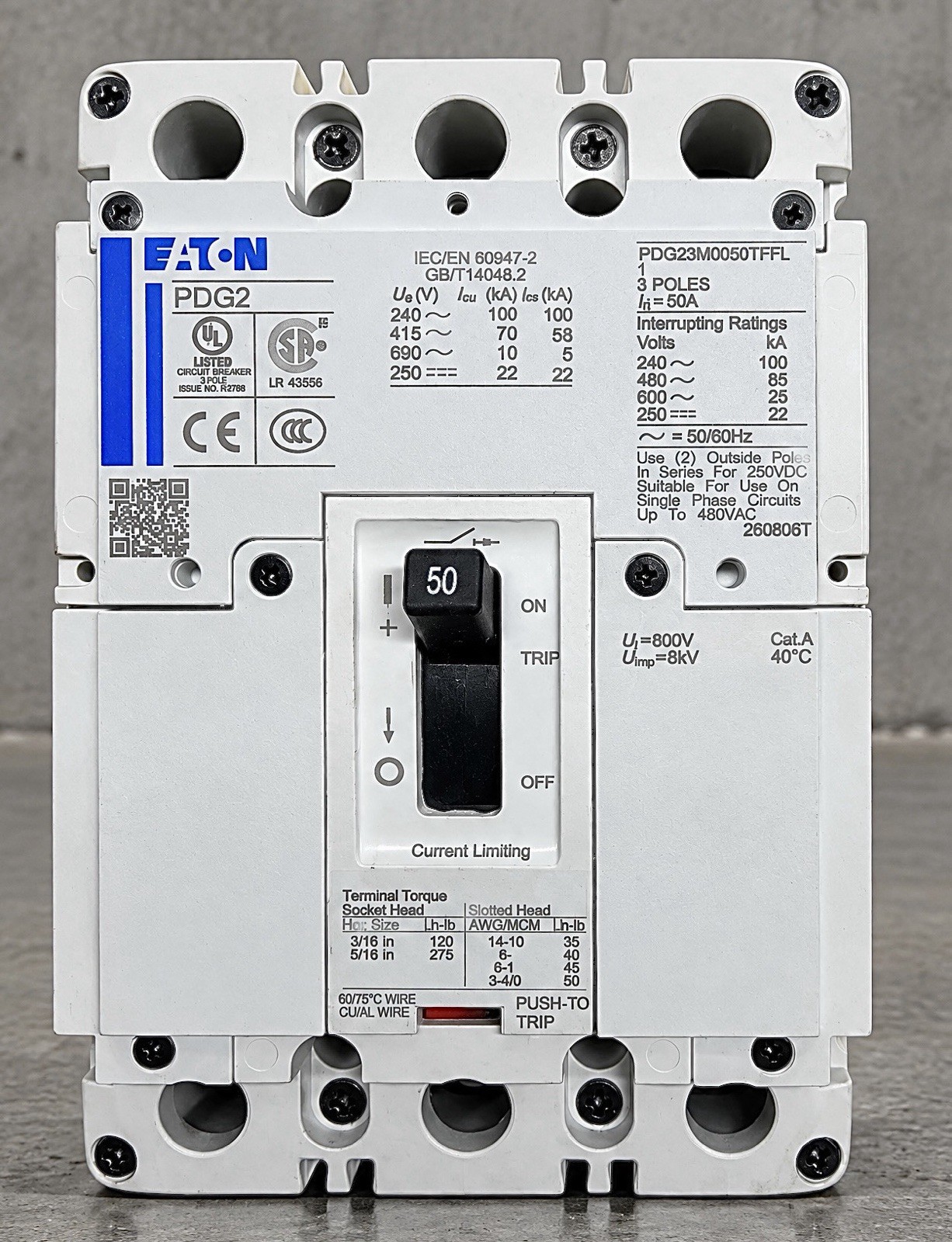 Eaton PDG23M0050TFFL1 Power Defense 50A, 3 Pole Circuit Breaker