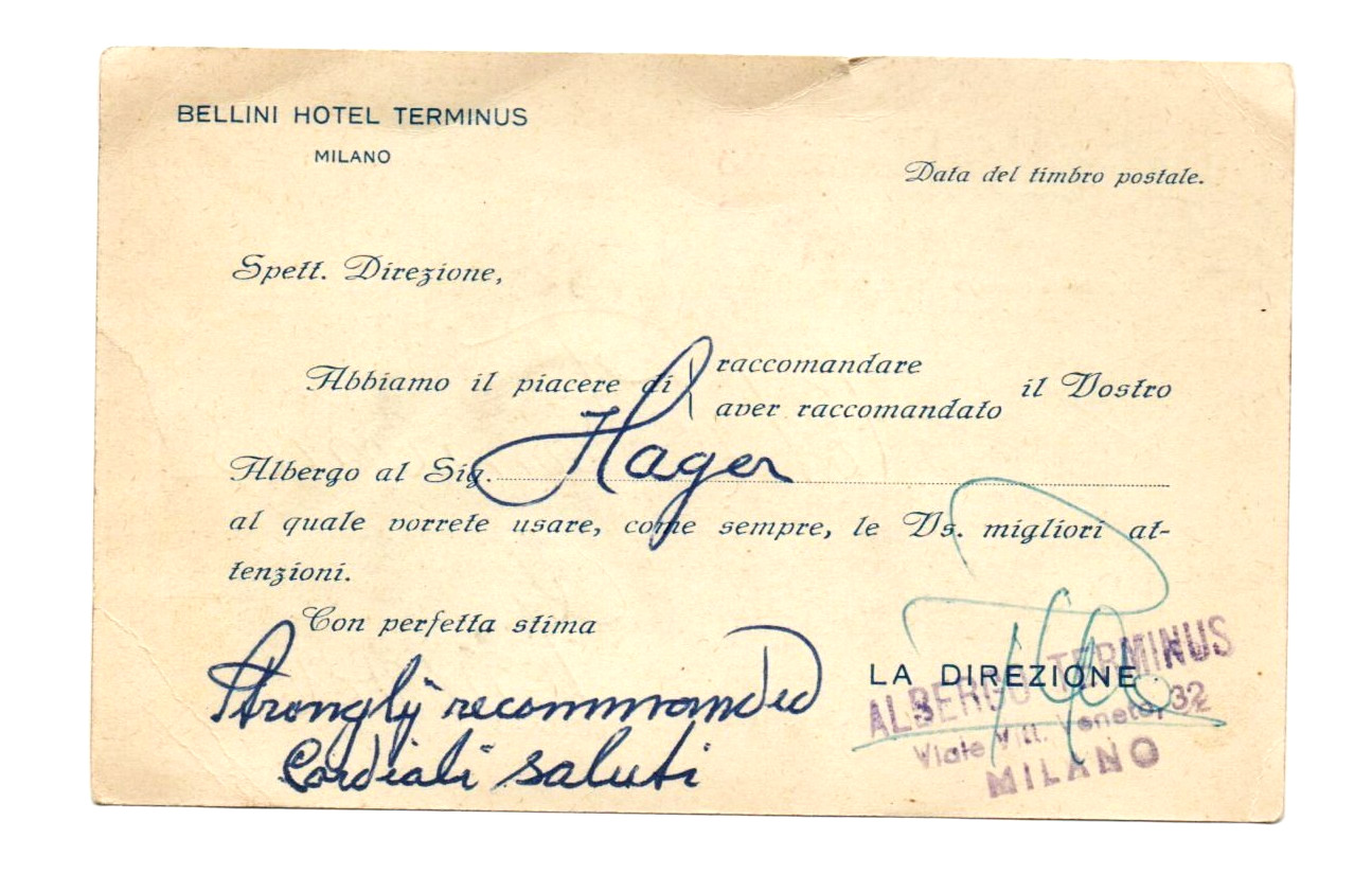 Rare 1910s Bellini Hotel Terminus Milano Recommendation Card to Genova Italy
