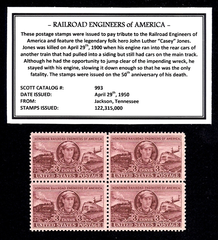 1950 - CASEY JONES (RR ENGINEERS) -  Block of Four Vintage U.S. Postage Stamps