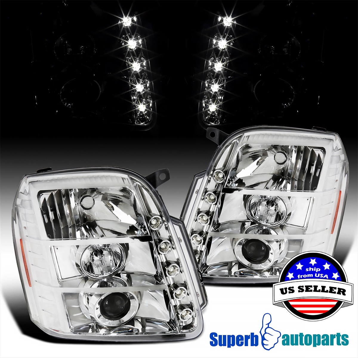 Fits 2007-2014 GMC Yukon XL Denali Hybrid XL Projector Headlights LED Tube 07-14