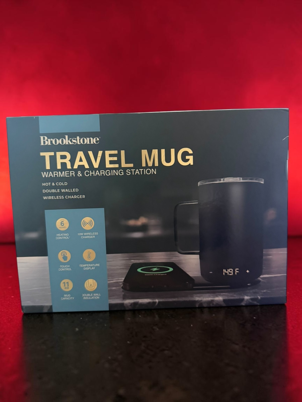 Brookstone Smart Heated Travel Coffee Mug & Phone Charger Black, 11oz