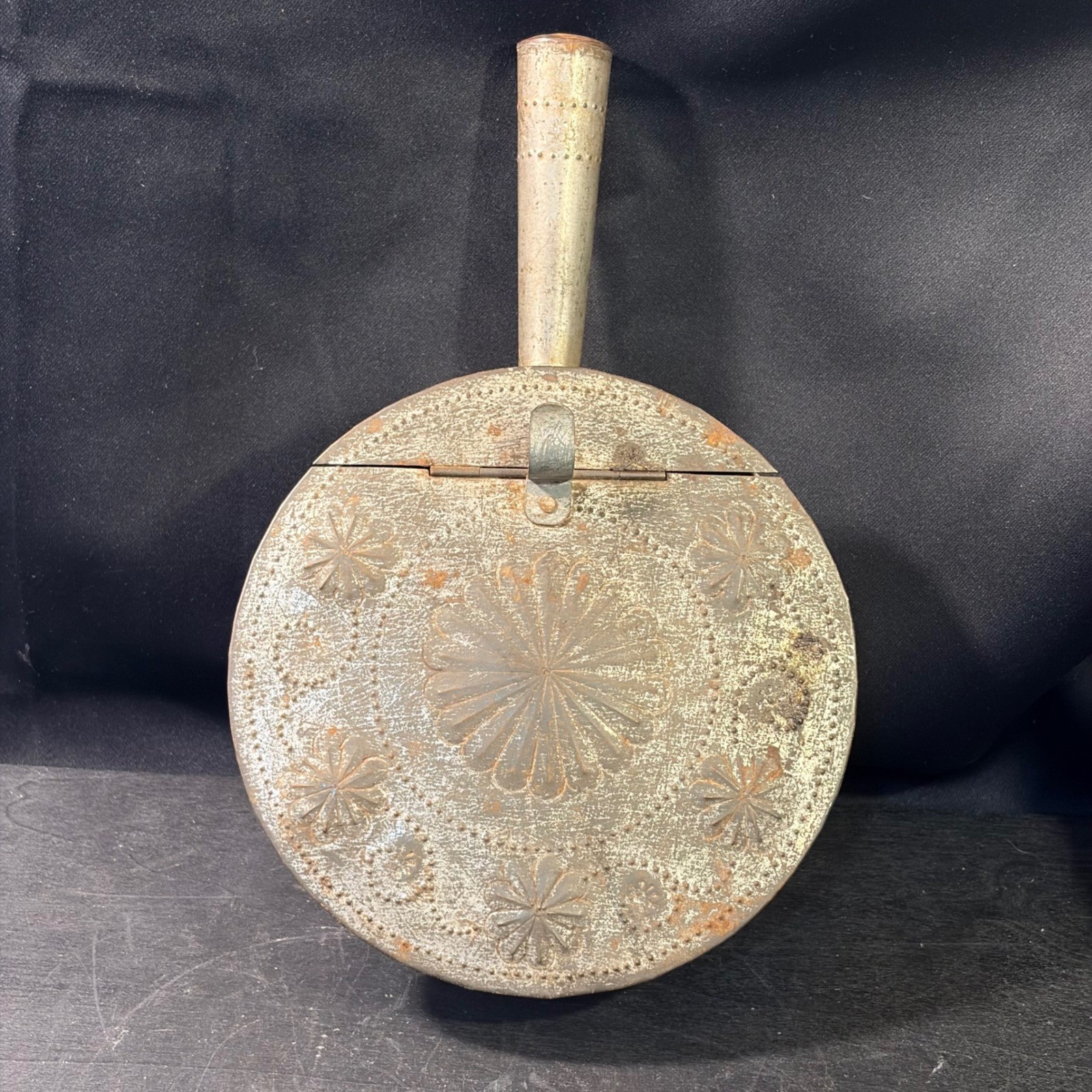 Antique Hand Stamped Metal Box with Handle Repousse Floral Sunburst Pattern