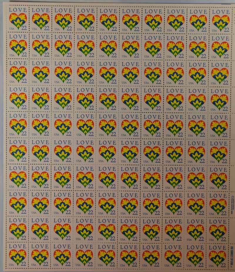 US SCOTT 2248 PANE OF 50 LOVE HEART STAMPS 22 CENT FACE  MNH