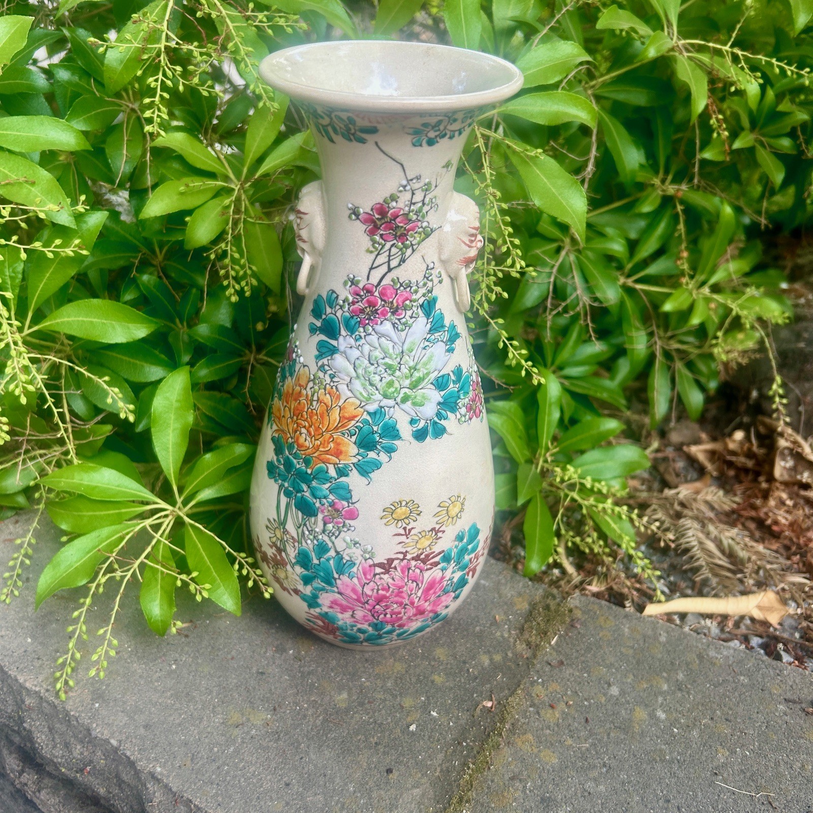 Antique Japanese Satsuma Kinkozan Polychrome Flowers Bird Pottery Vase 