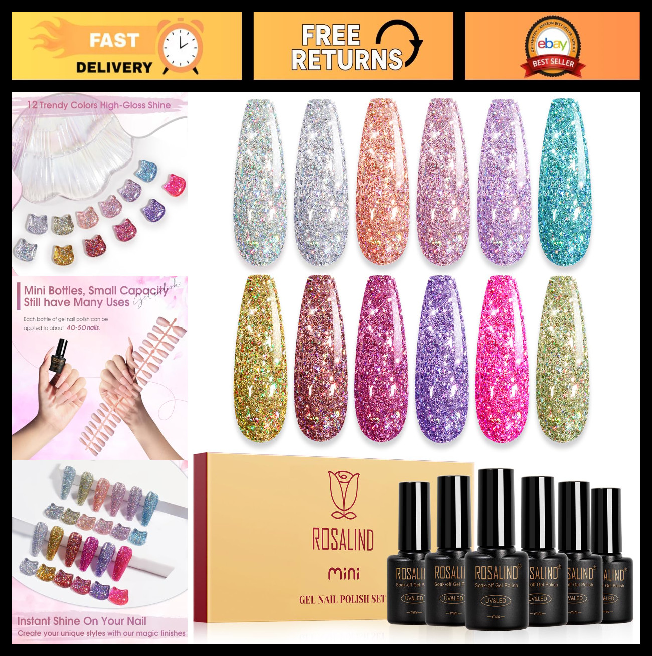 12 Colors Glitter Gel Nail Polish Set - Silver Gold Sparkle Soak Off UV Manicure
