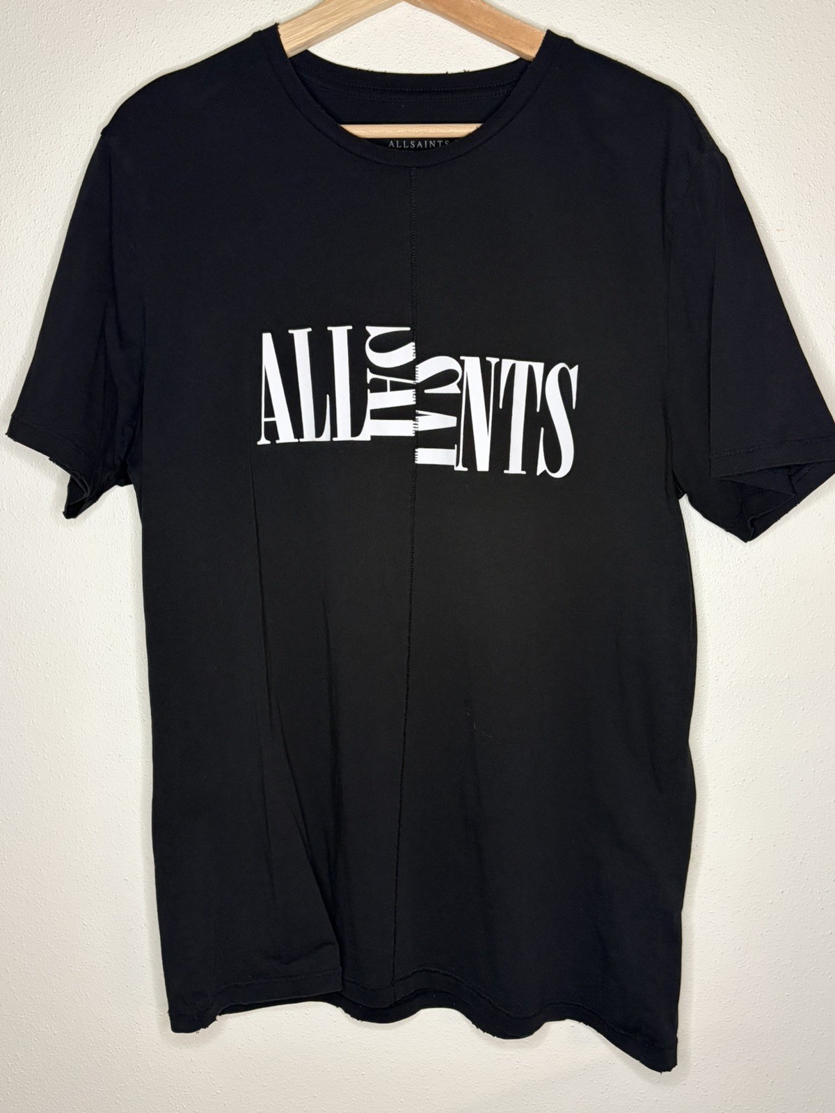 ALLSAINTS Nico SS Crew Distorted Split Logo Relaxed Fit T-Shirt Black Mens Sz M