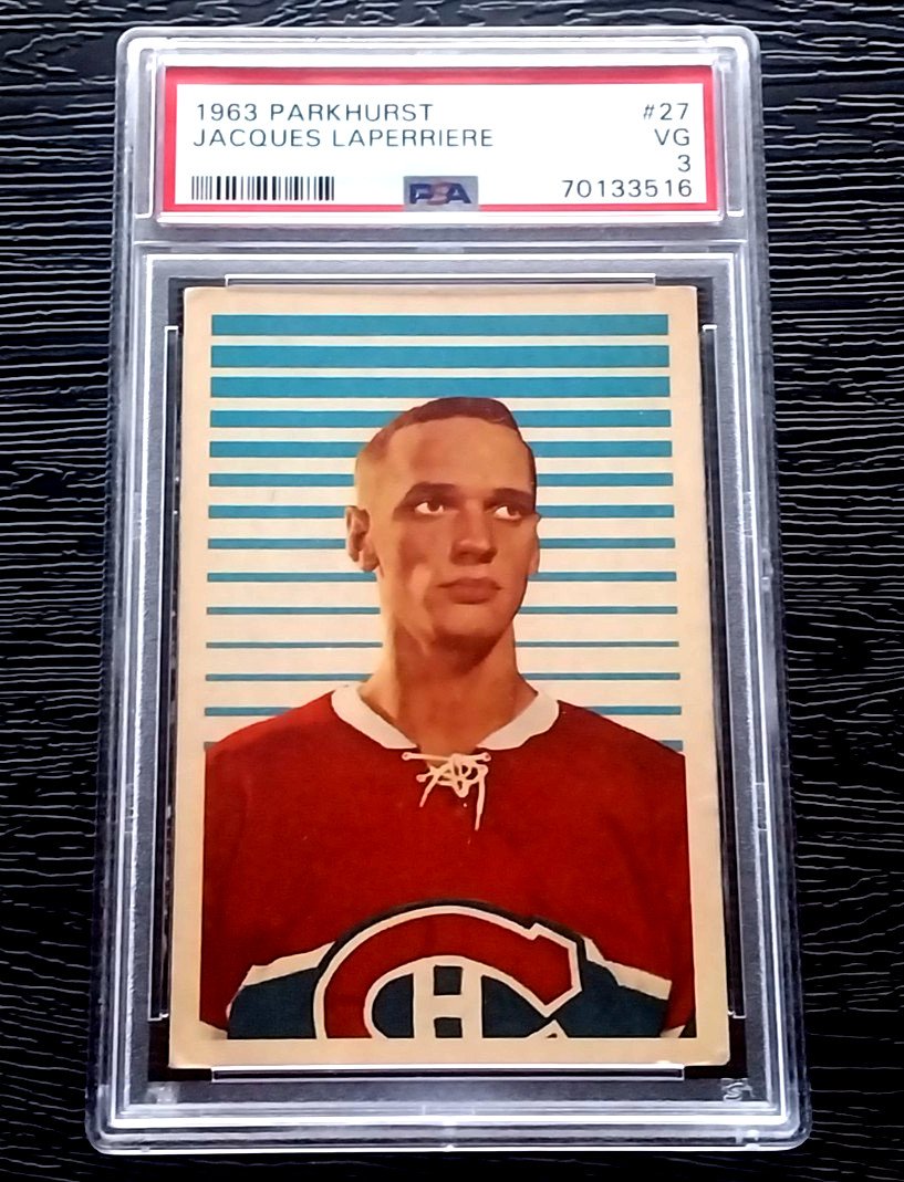 1963 PARKHURST JACQUES LAPERRIERE ROOKIE HOCKEY CARD #27 **NO CREASES** PSA 3 VG 1963 PARKHURST JACQUES LAPERRIERE ROOKIE HOCKEY CARD #27 **NO CREASES** PSA 3 VG
