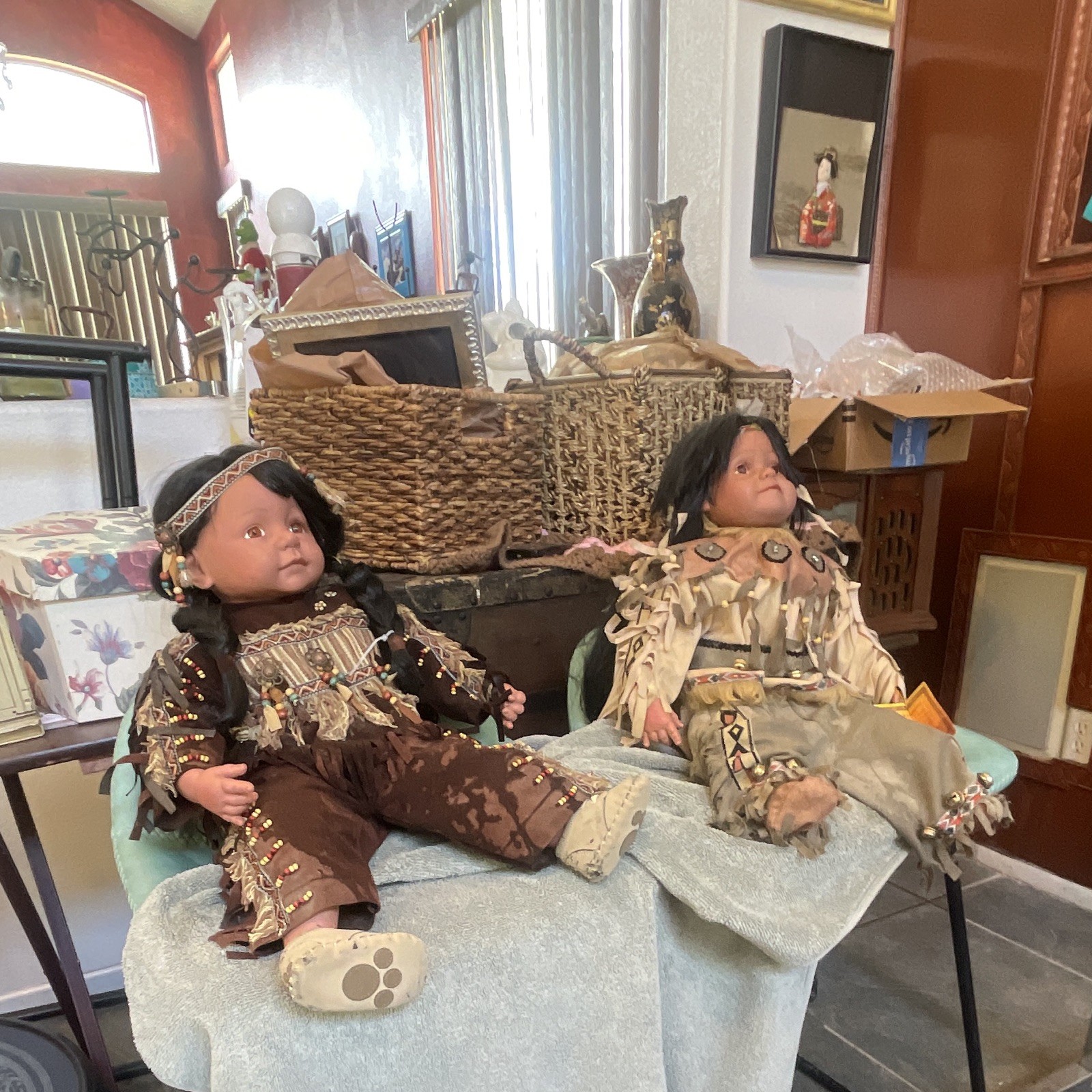 Lot of 2 Native American Theme Dolls Brown Eyes Black Straight Hair Medium