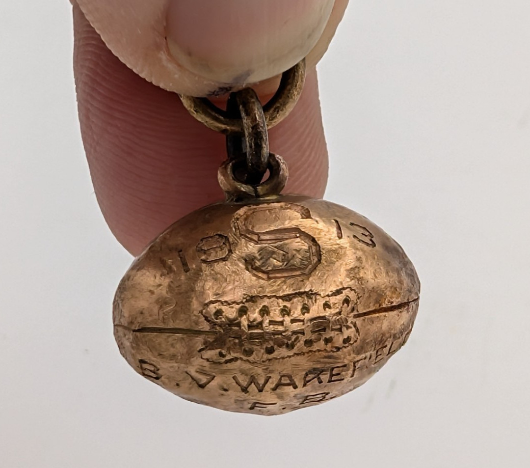 1913 Antique 10K Gold Football Charm Pendant - B.V. Wakefield Fullback - Rare