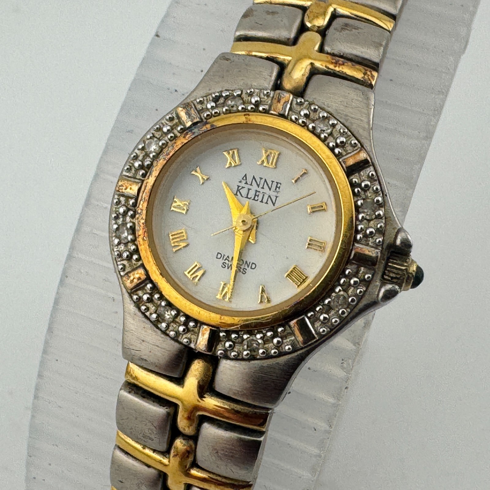 Anne Klein Swiss Quartz Watch 12/7230 Women Dual Tone Diamonds New Battery 6.75\