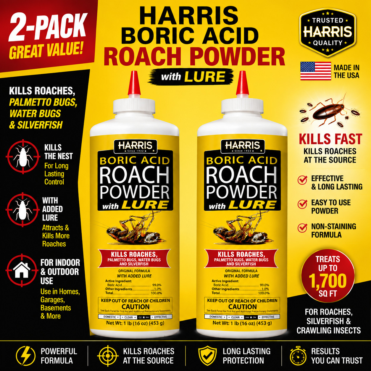 2-PACK HARRIS Boric Acid Roach Silverfish Killer Powder, Lure for Insects 1 lb
