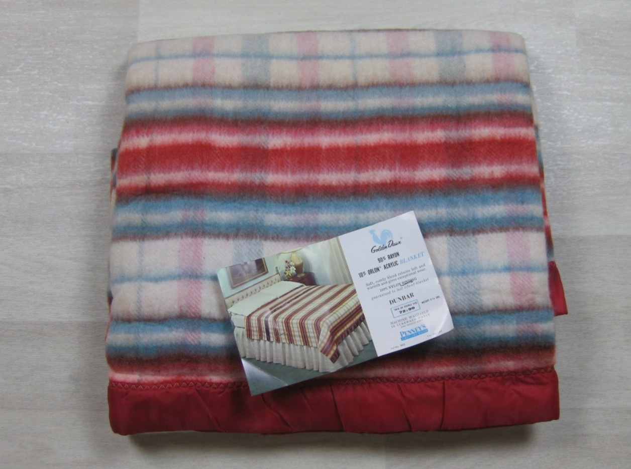 Vintage Golden Dawn JC Penney Dunbar Blanket (72x90) Plaid Stripe Satin Binding