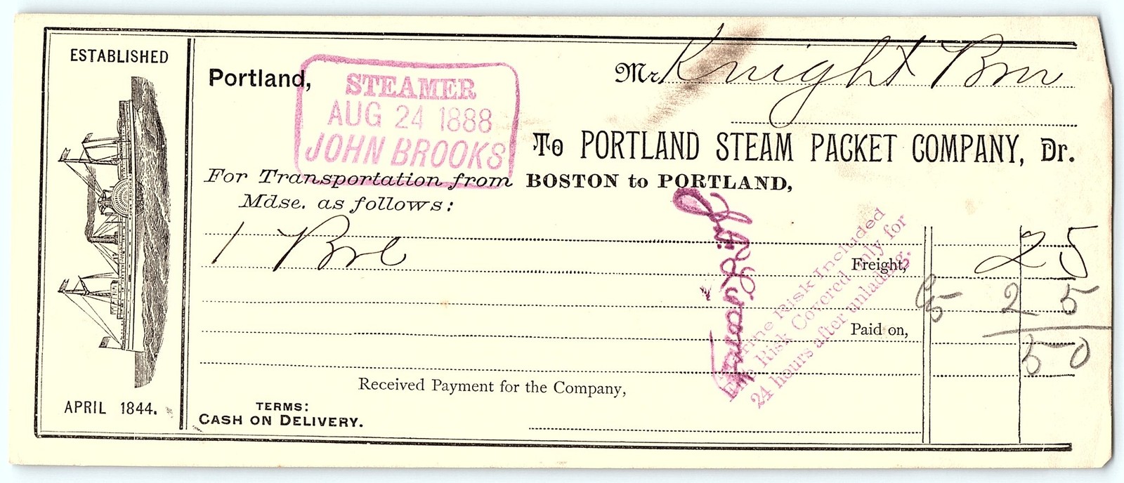 1888 Portland Steam Packet Co. Steamboat Billhead John Brook