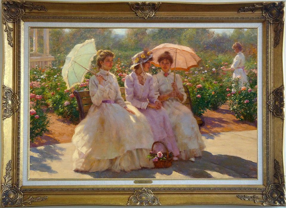 Hand Painted Oil Painting Three Victorian Ladies with Parasols Rose Garden 24X36 Hand Painted Oil Painting Three Victorian Ladies with Parasols Rose Garden 24X36