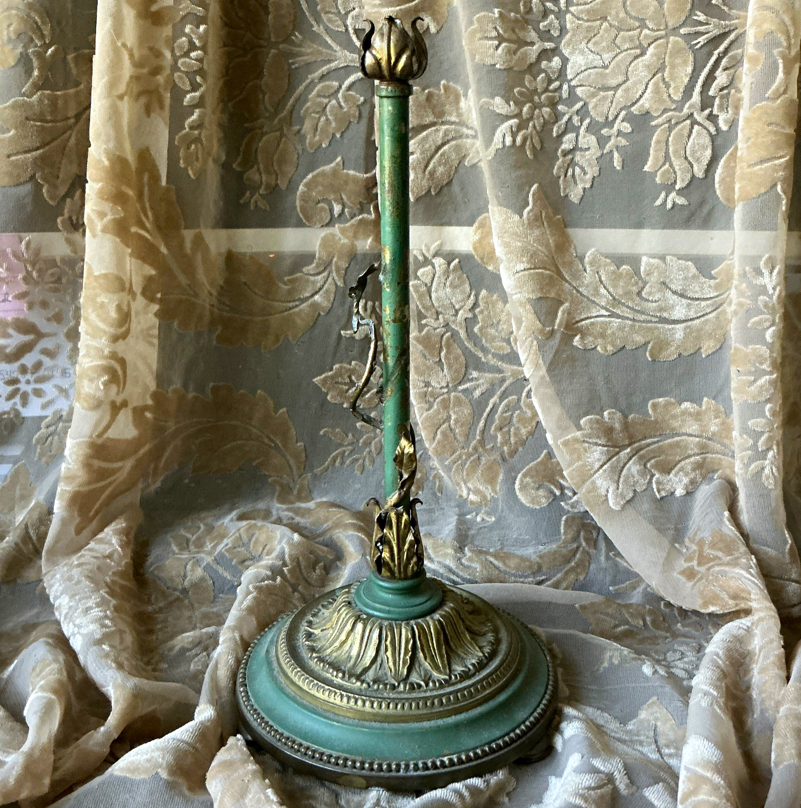 Rare Vintage Art Nouveau Metal Lamp Base Verdigris Gold Lotus Stem