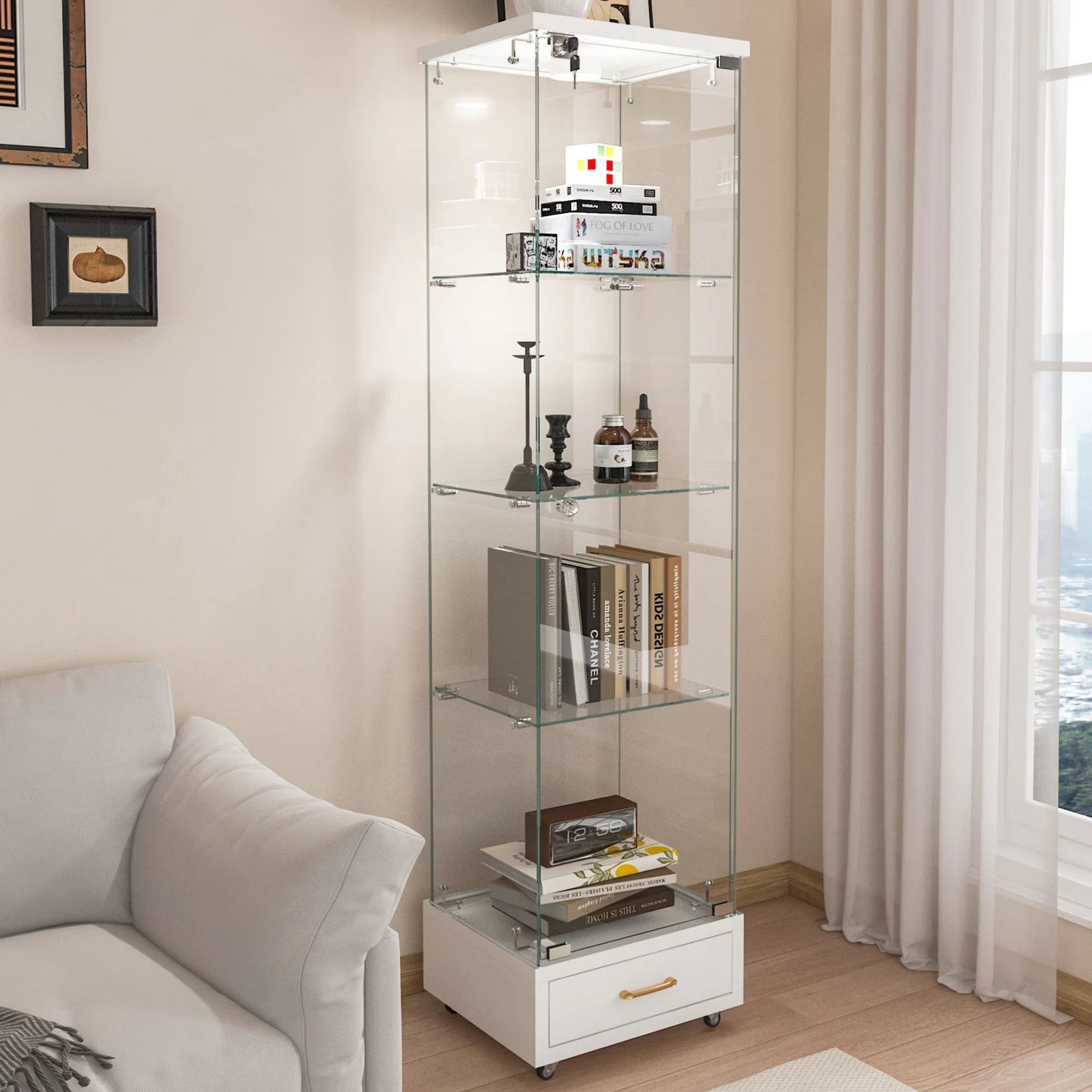 Glass Tempered White Antique Lights Bookshelf Door Case Shelves Display Cabinet