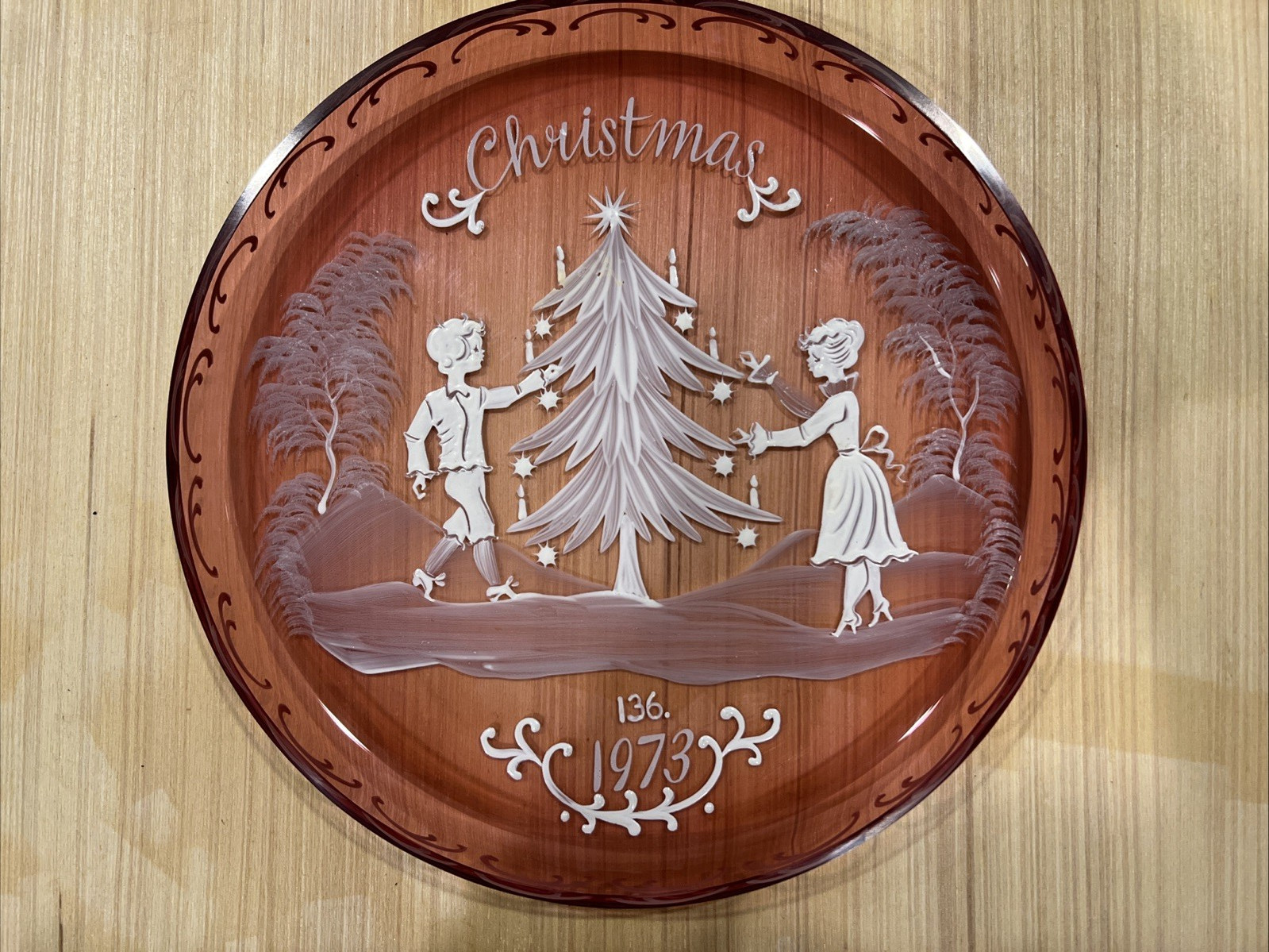 Vintage 1973 Fenton Cranberry Glass Mary Gregory Christmas Plate | Hand Painted