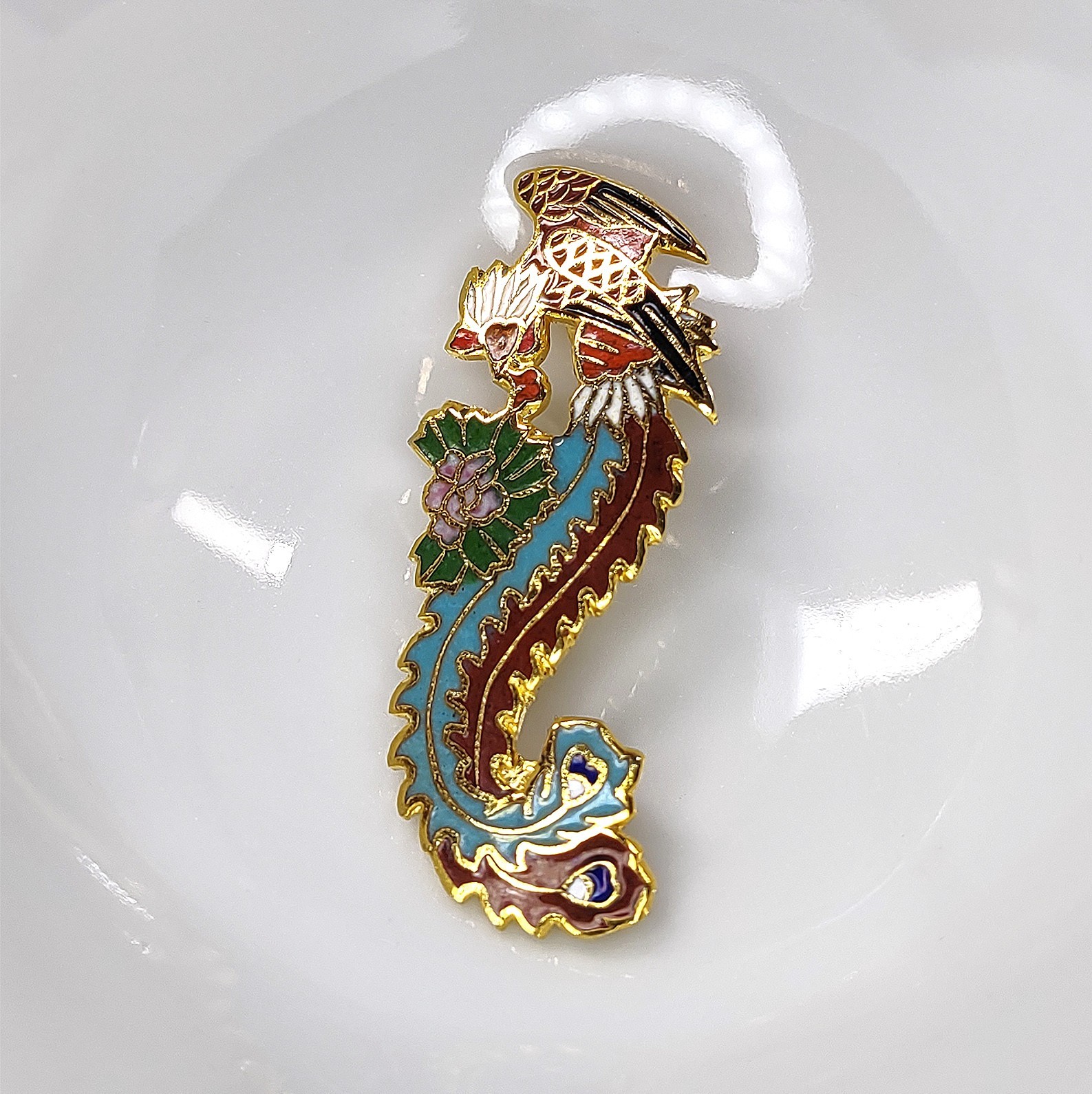 Vintage 80s Enamel Phoenix Brooch Firebird Chinese Fenghuang Pin 1.9\