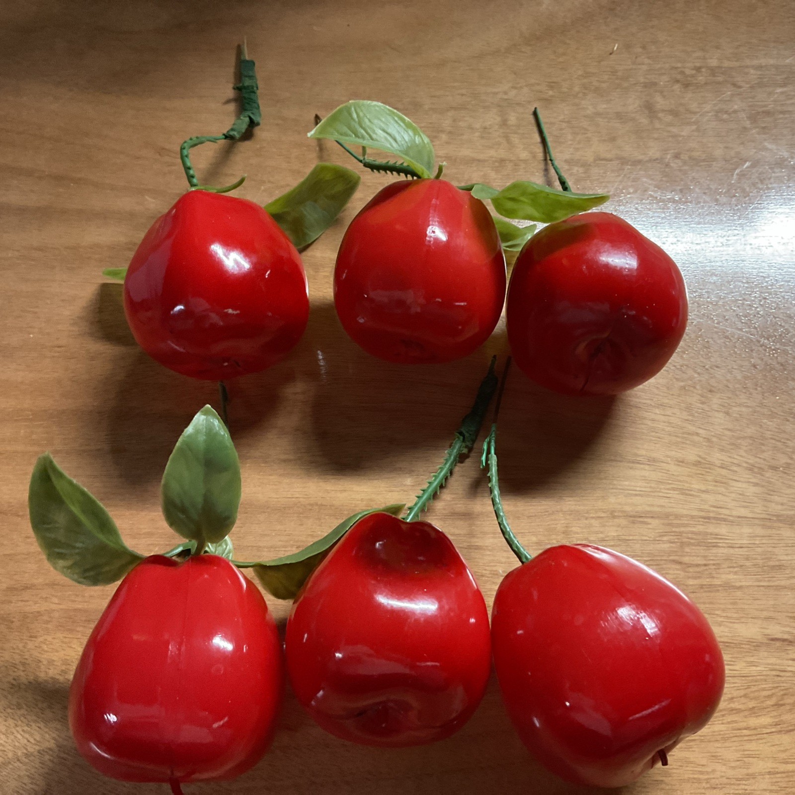Vtg Plastic Bright Shiny Red Apples Floral Picks set of 6  Holiday Decor 