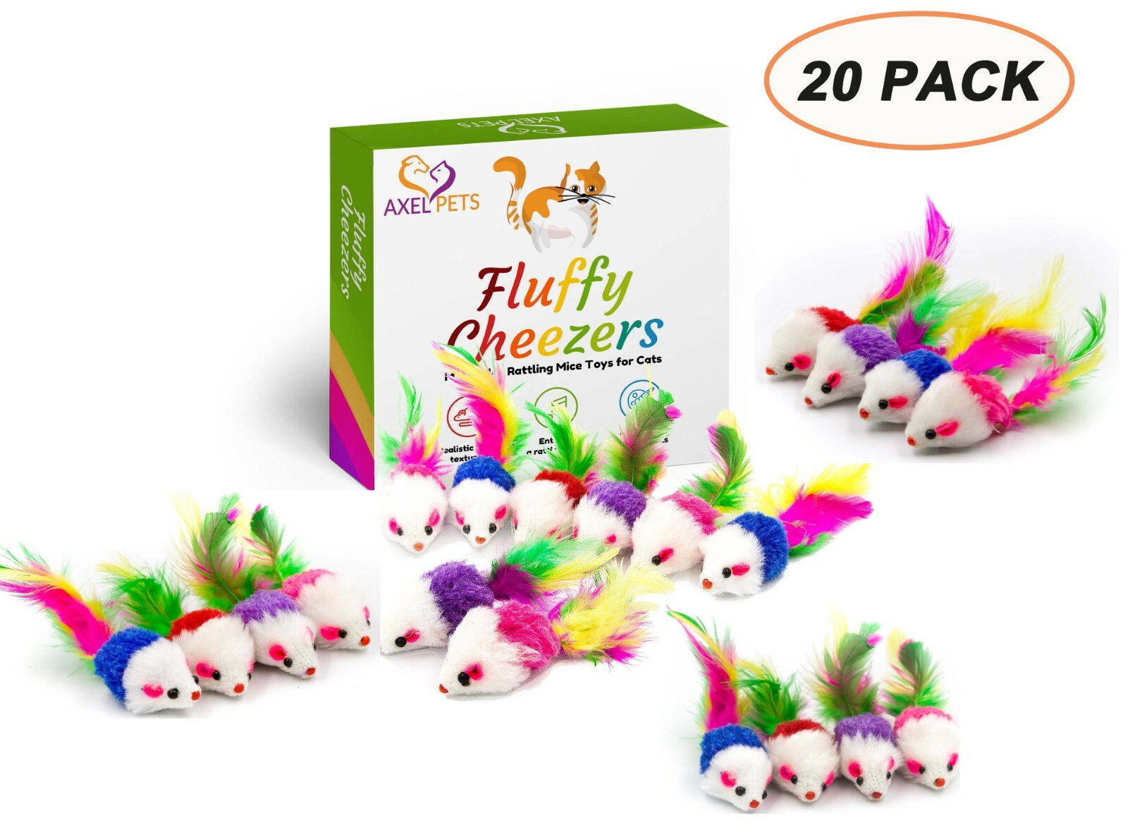 Fluffy Cheezers Interactive Catch Rattle Sound Play Mice Toys for Cats Box of 20