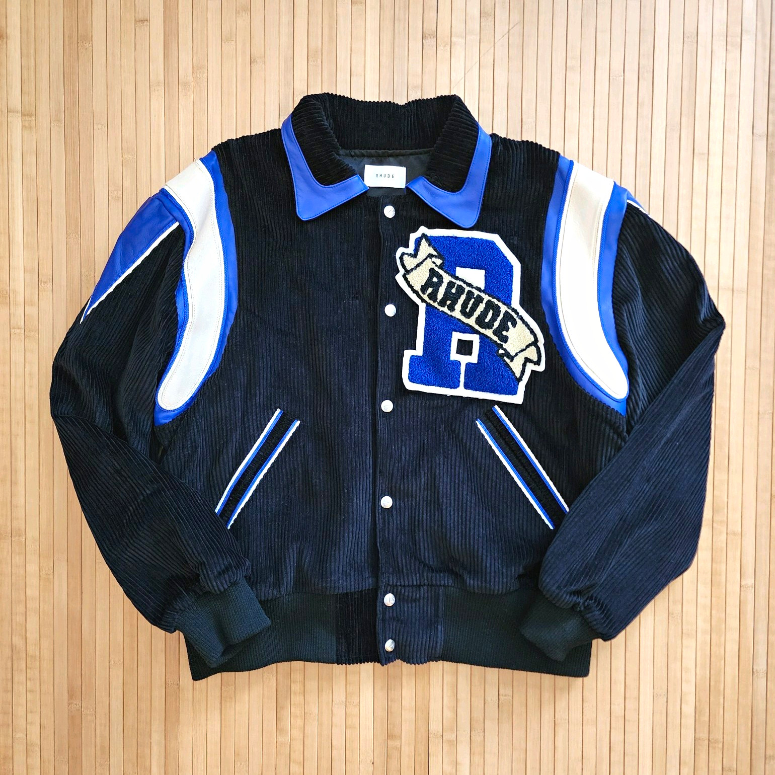 RHUDE Corduroy Varsity Jacket Black Blue Cream Logo Size Large RARE RHUDE Corduroy Varsity Jacket Black Blue Cream Logo Size Large RARE
