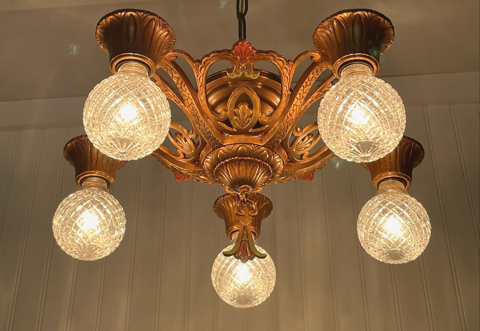 RESTORED Antique Vtg Art Deco Polychrome Flush Mount Ceiling Light 1920s 30s 40s