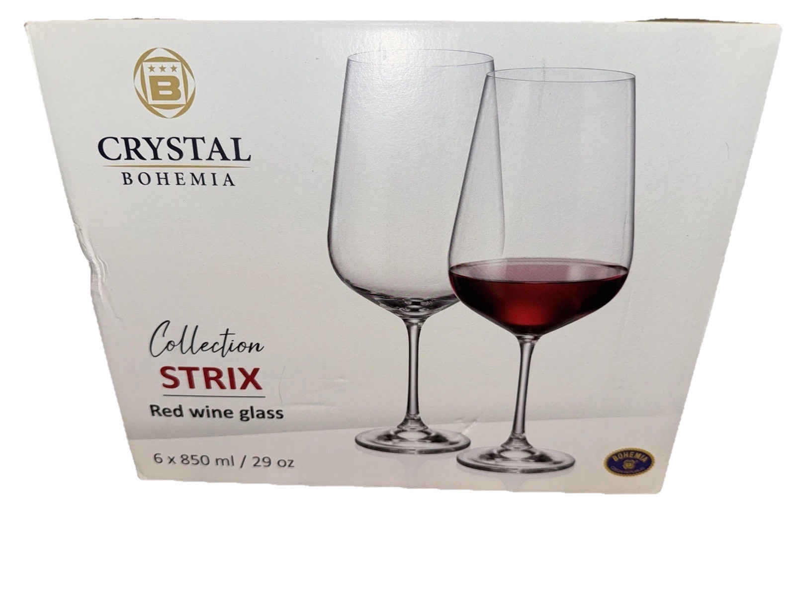 Bohemia Czech Republic STRIX Crystal Wine Glasses Set of 6, New