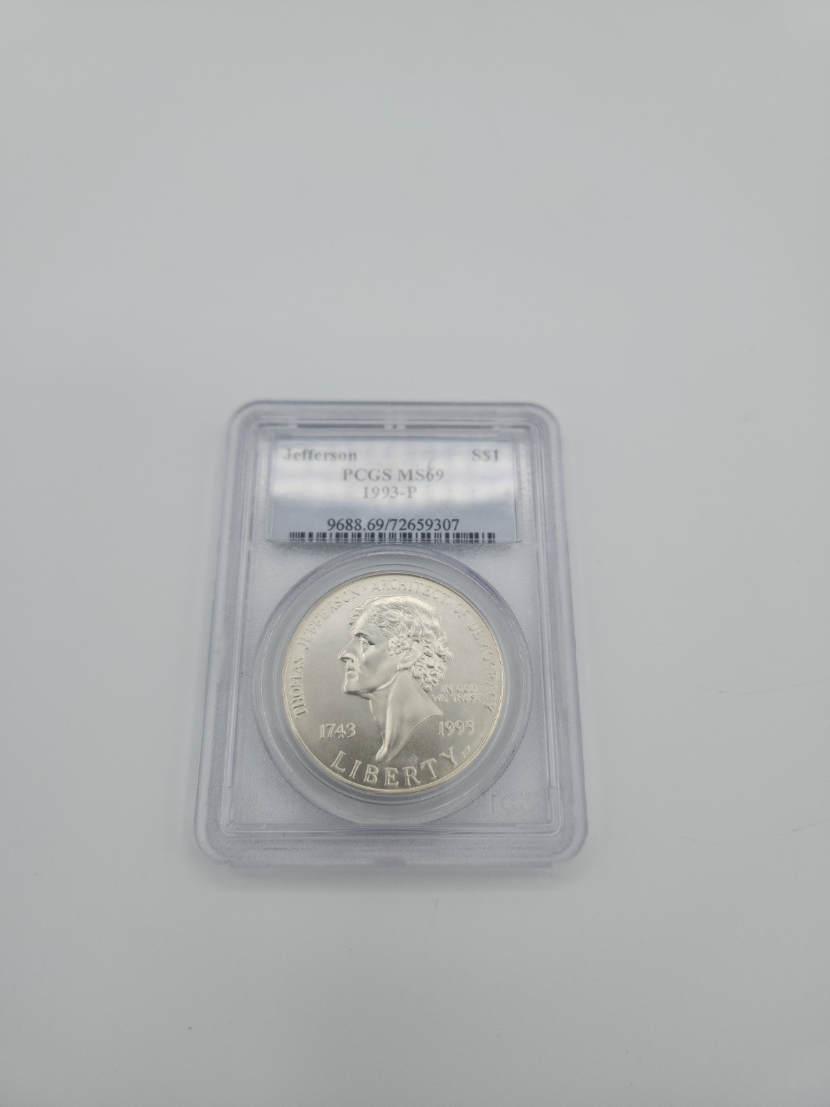 1993-P $1 Jefferson Commemorative Silver Dollar PCGS MS69. 1993-P $1 Jefferson Commemorative Silver Dollar PCGS MS69.