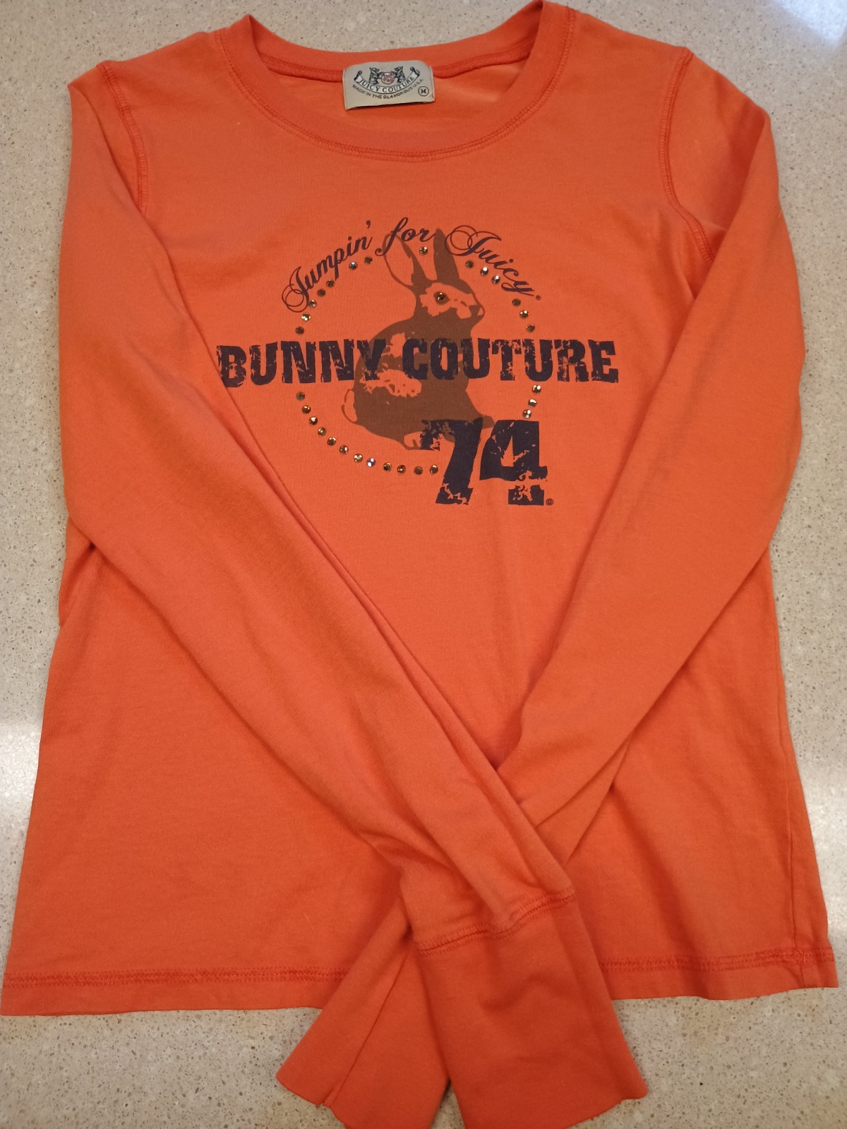 Rare Vtg Y2K Juicy Couture Bunny 74 Orange Long Sleeve Graphic T Shirt  Sz M 